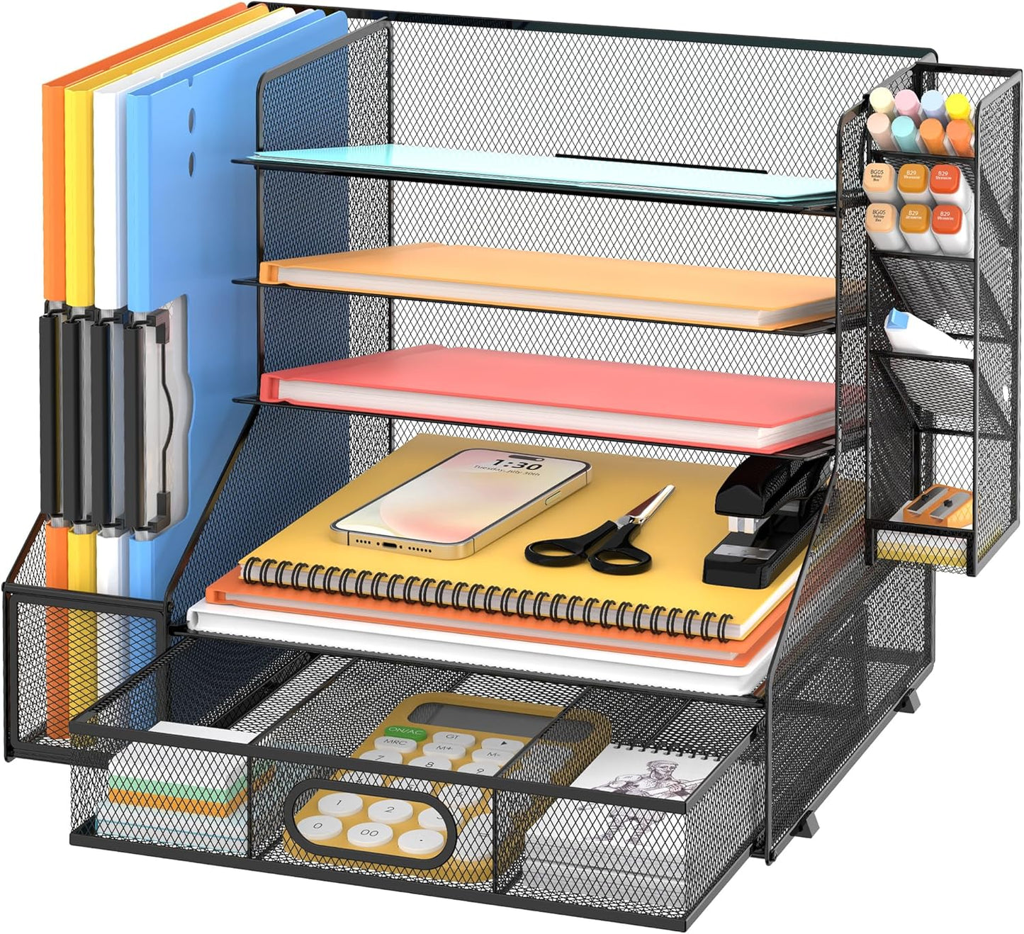 DALTACK Mesh Desk Organizer, 5-Tier Paper Letter Tray with File Holder & Pen Holder & Sliding Drawer, Desktop Organizer and Storage for Desk Accessories Office Supplies, Black