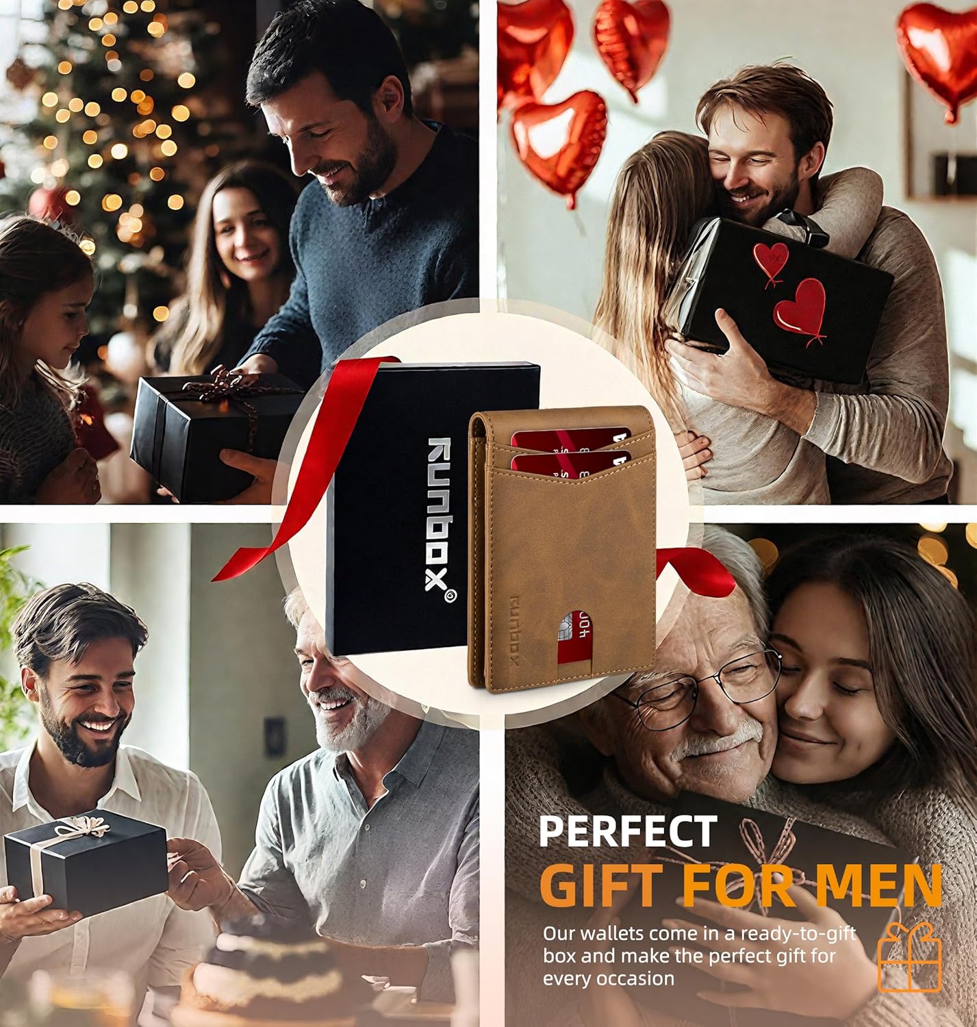 RUNBOX Wallet for Men Slim Rfid Leather 2 ID Window With Gift Box