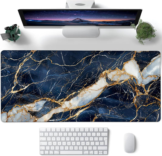 Desk Mat, Navy Blue and White Marble Texture Large Gaming Mouse Pad with Non-Slip Base Stitched Edges,Desk pad for Keyboard and Mouse Home Office 35.4"x15.7"