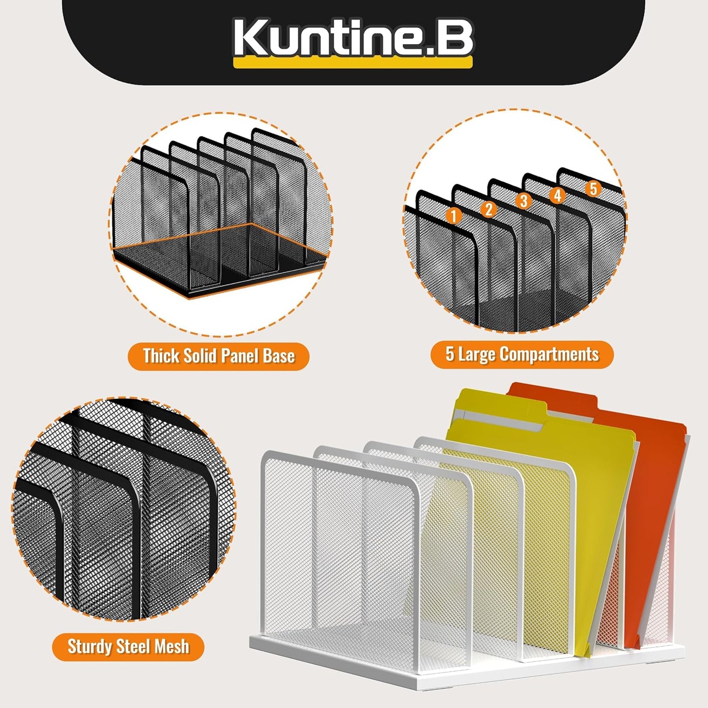 Kuntine.B Desk File Organizer Upright Mesh Desktop Organizer File Sorter Office Organization File Holder for Home, Office & Classroom (White, 1 Pack 5-Section)
