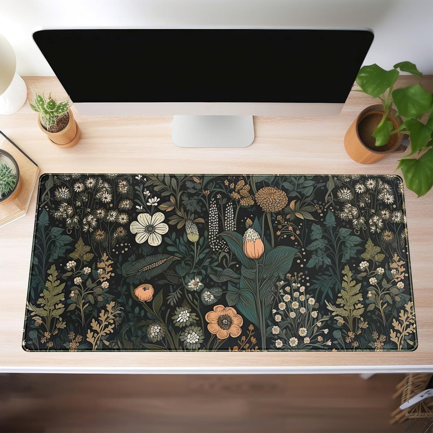 Dark Flower Desk Mat Floral Plants Mouse Pad, Aesthetic Wildflowers Large Gaming Mousepad Desk Pad, XXL Keyboard Mouse Mat Full Desktop Mat Women Office Desk Accessories Cover Mat 31.5"x15.75"