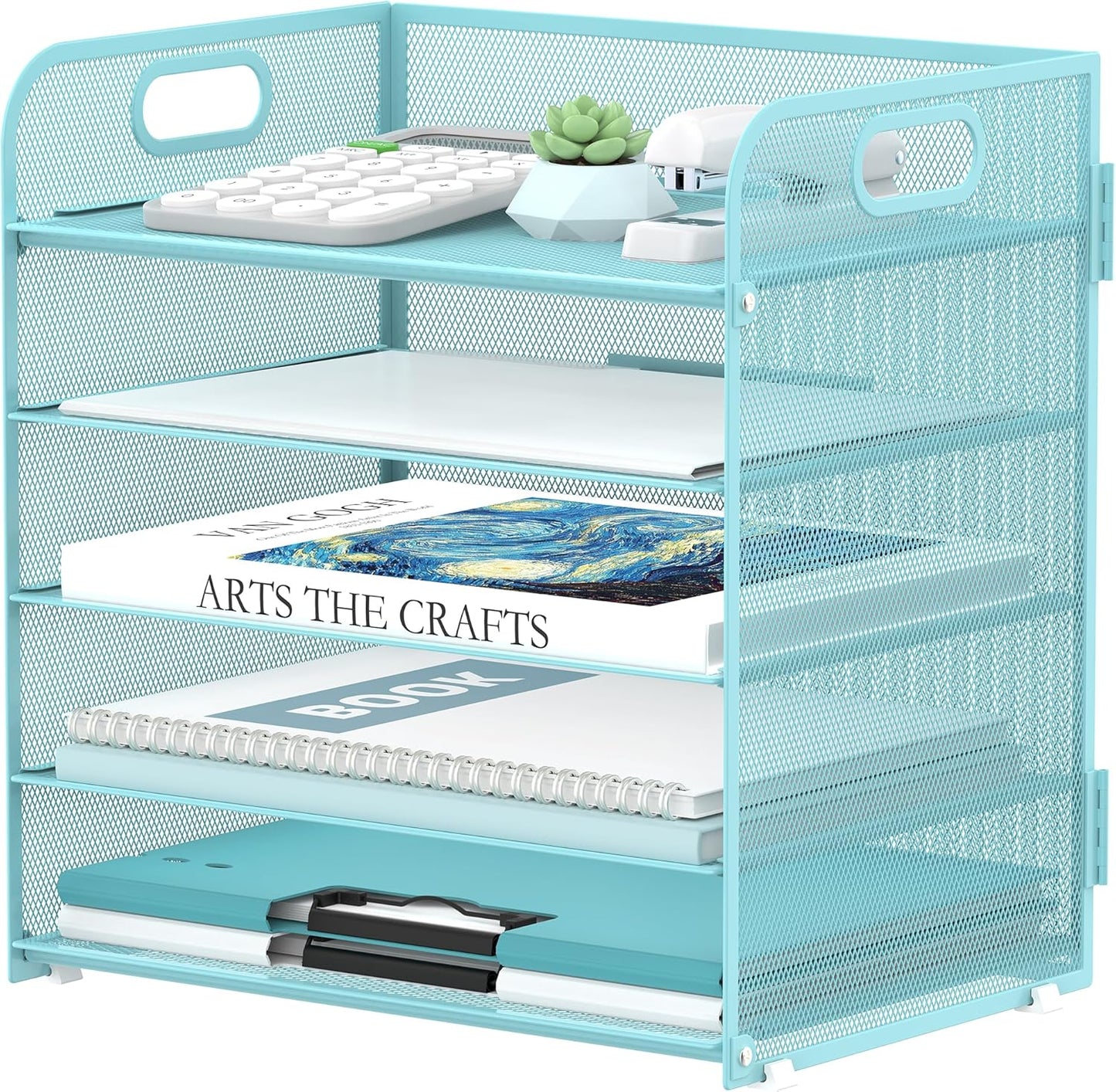 Supeasy 5 Trays Paper Organizer Letter Tray with Handle-Mesh Desk File Organizer, Paper Sorter Desk Organizer for Office, Home or School (Light Blue)