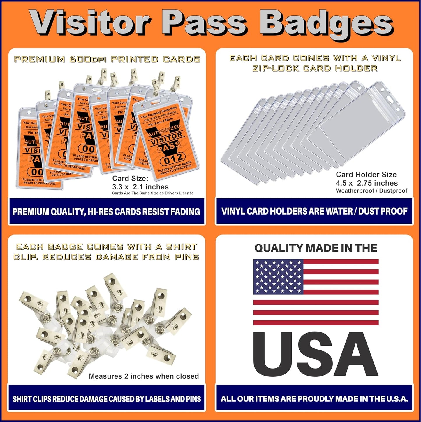 Visitor Pass Badges - PVC Plastic (Custom Printed with Your Company Name & Number) Available in 12, 36, 60 and 108 Piece Sets - Made in The U.S.A. Orange