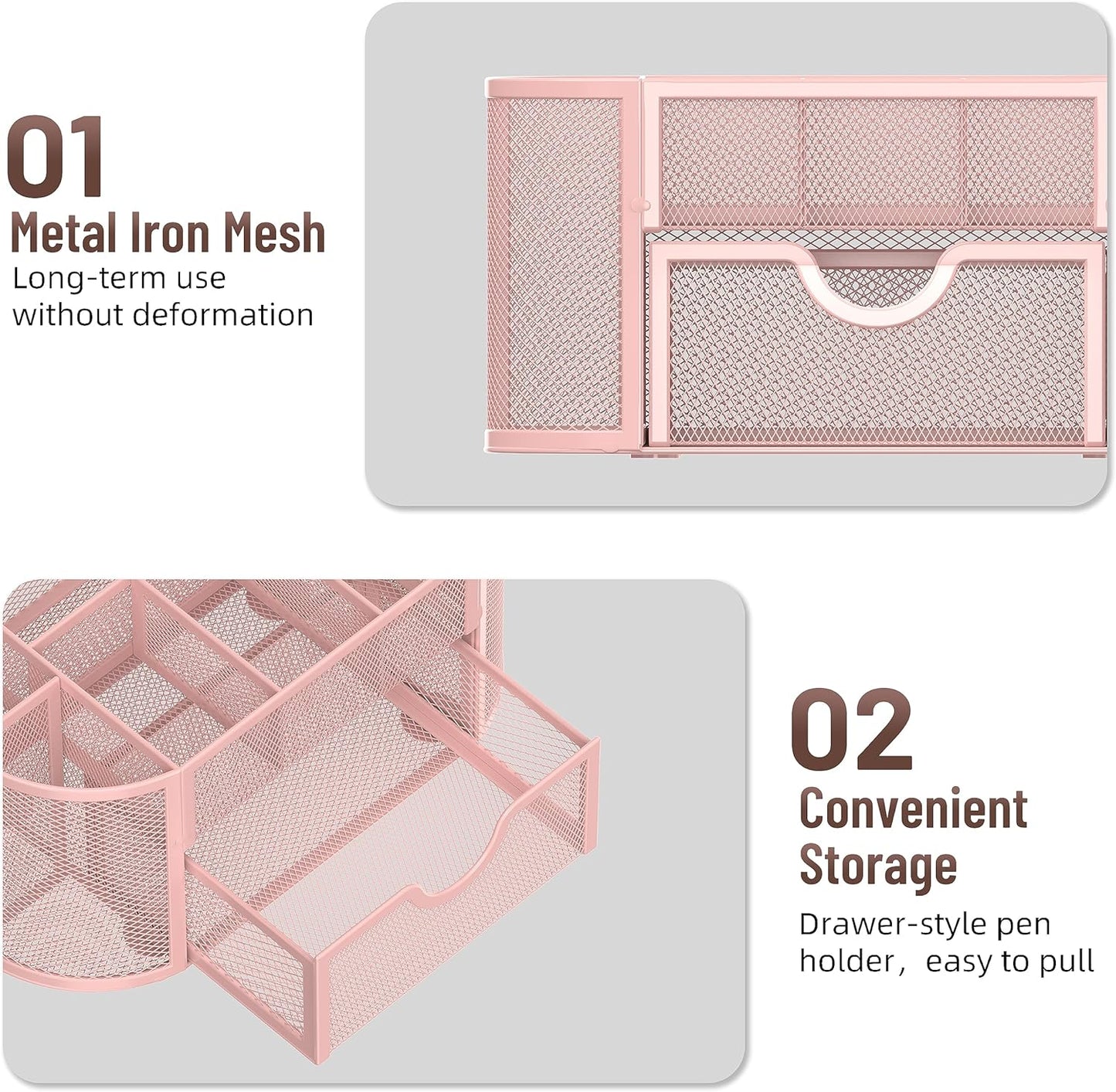 SUPEASY Mesh Desk Organizer, Desk Accessories & Workspace Organizers with Drawers, Pencil Holder for Desk with 9 Compartments for Office Suppliess, 8.6 x 4.3 x 4.1 Inch, Pink