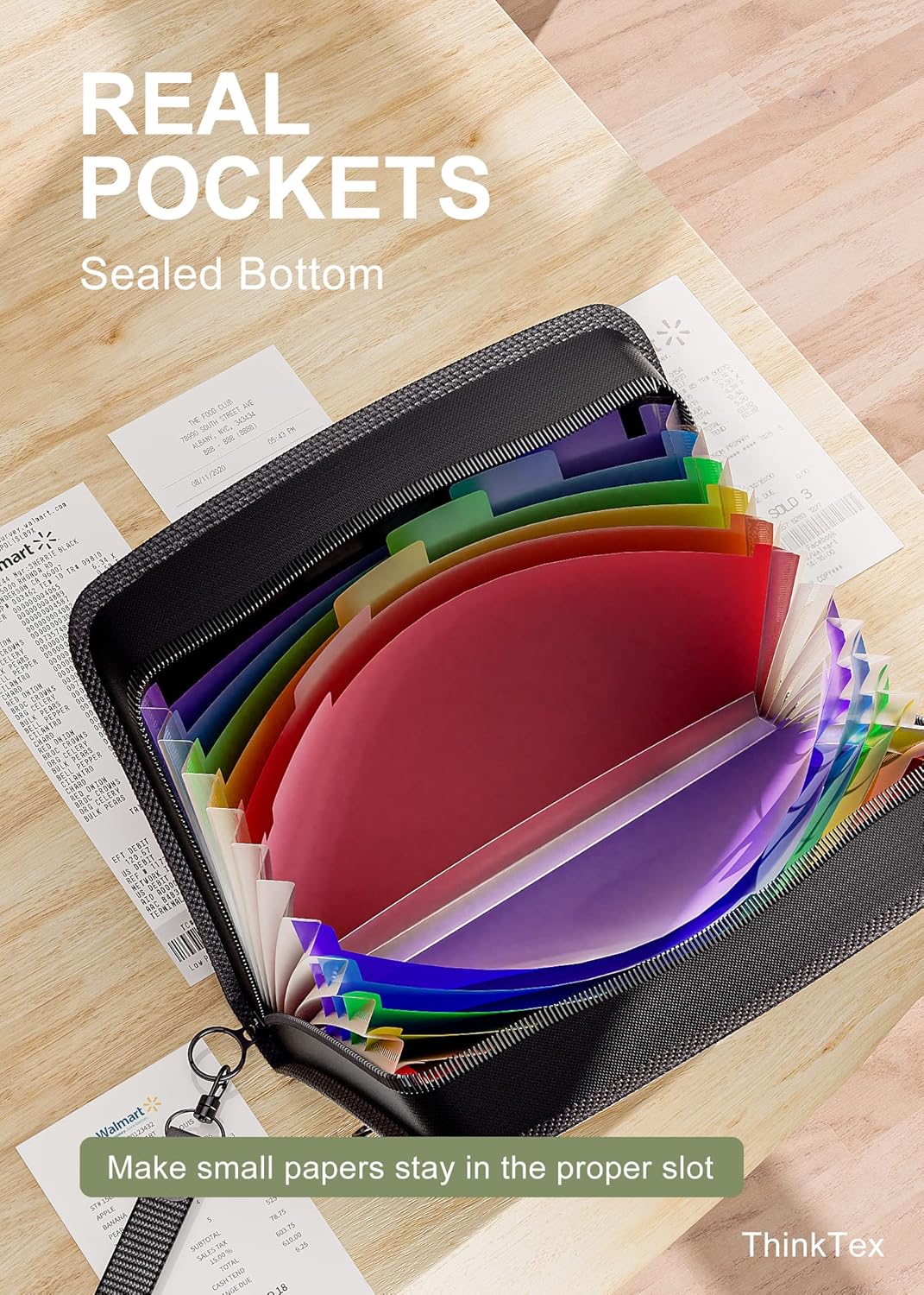 ThinkTex Receipt Coupon Organizer, 12 Pockets Small Accordion File Organizer, Junior Size 11x 6.6 Inches, Zipper Closure, Multi-Color Tabs