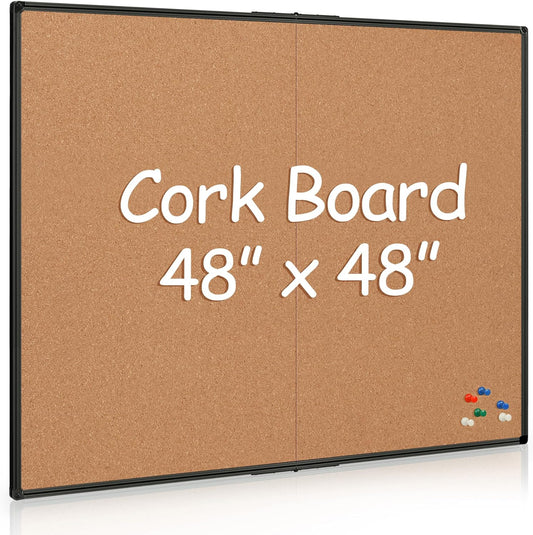 Board2by Extra Large Cork Bulletin Board 48" X 48", Foldable Notice Pin Board for Wall, Black Aluminum Framed 4'x4' Corkboard, Wall Mounted Noticeboard with 36 Push Pins for School, Home & Office