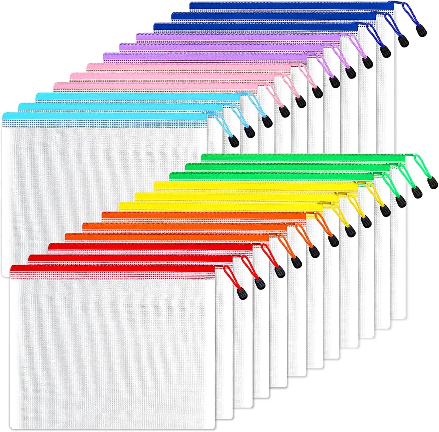 SUNEE Mesh Zipper Pouch 9x13 in (6 Colors, 24 Packs),Extra Large Water-Resistant Zip Bag for School Office Supplies, Puzzles & Games Organizing Storage