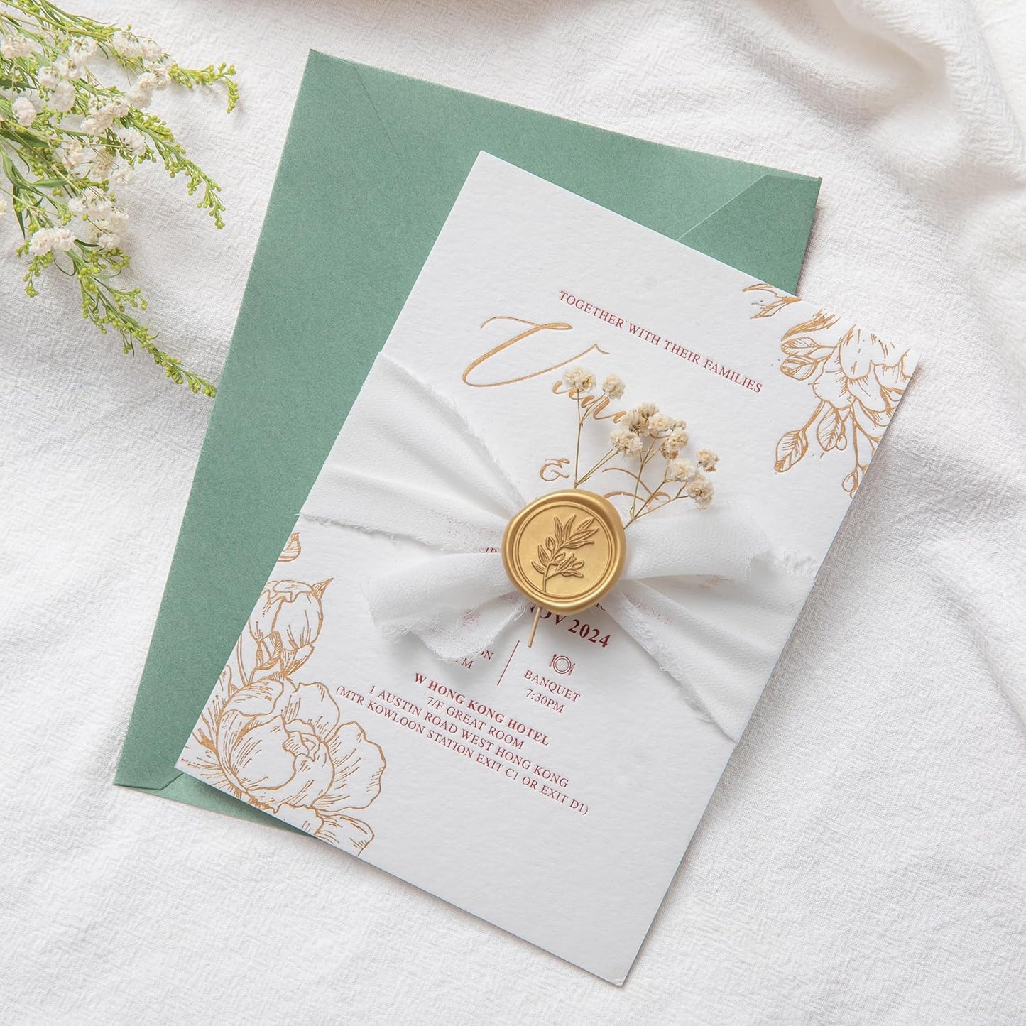 PONATIA Gold Wax Seal Stickers - Eucalyptus Wedding Invitation Envelope Seal, 50 Pcs Self-Adhesive, Perfect for Invitations, Christmas, Gift Wrapping, Party Menu Decor