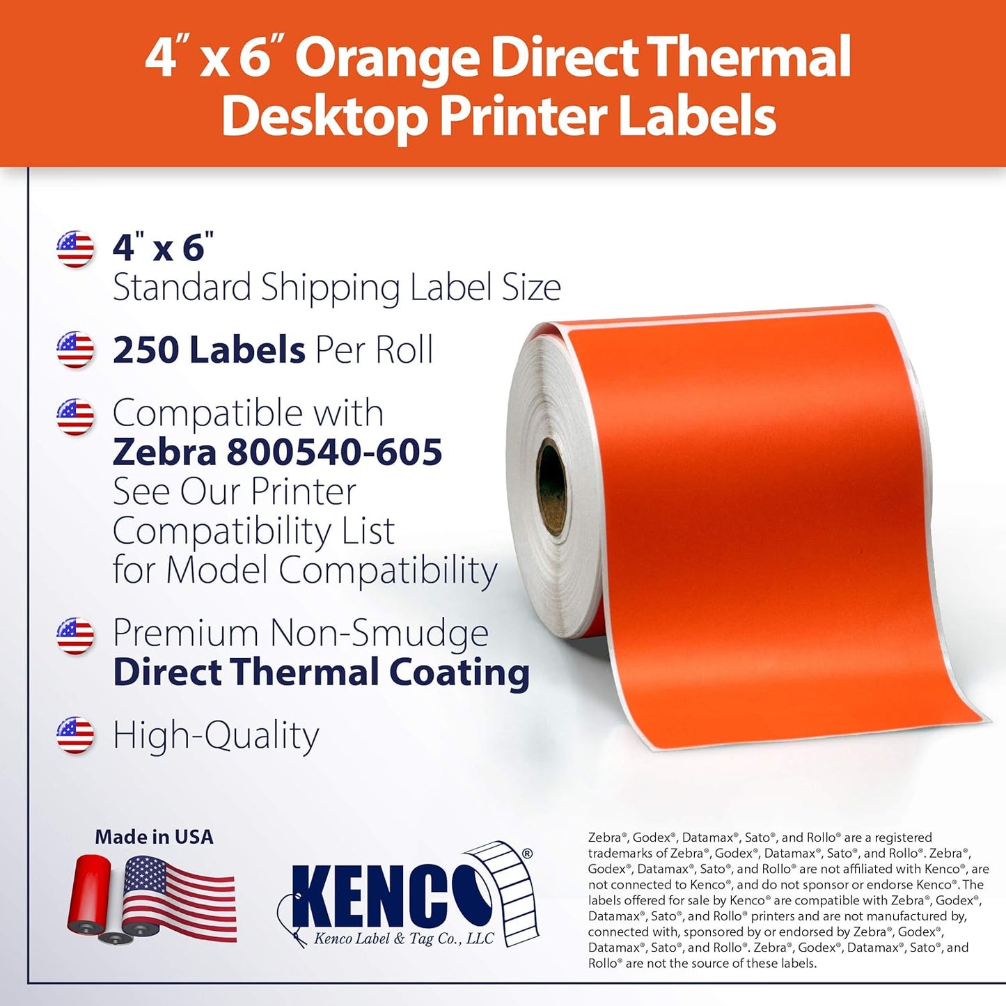4" X 6" Direct Thermal Perforated Stickers Labels for Shipping Labels, Inventory, and Color Coding - Compatible with Zebra, Rollo, Godex and More (Orange, 24 Rolls)