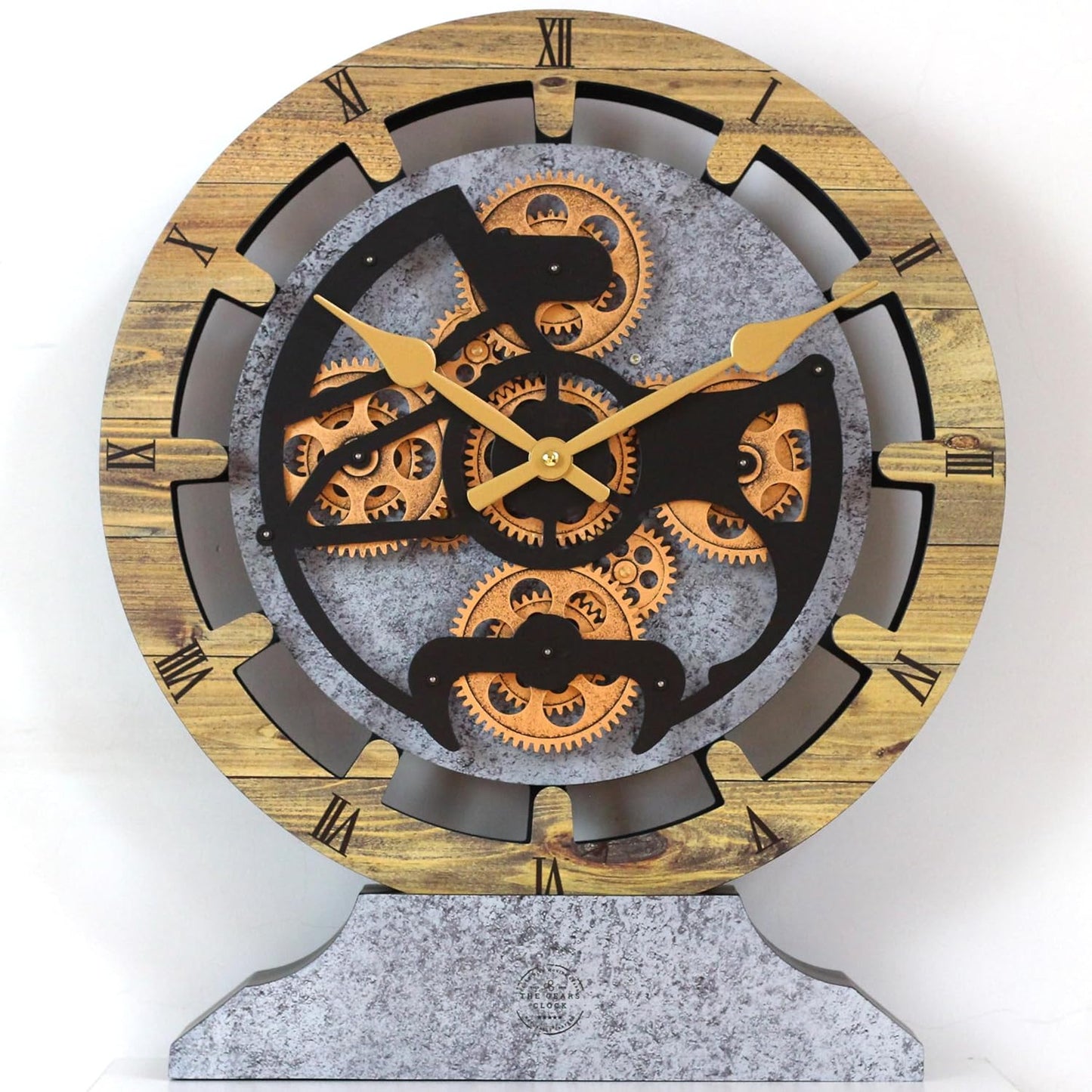 The Gears Clock 16 inches Wall Clock with Real Moving Gears Convertible into a Big Mantel Clock (Wood & Stone)