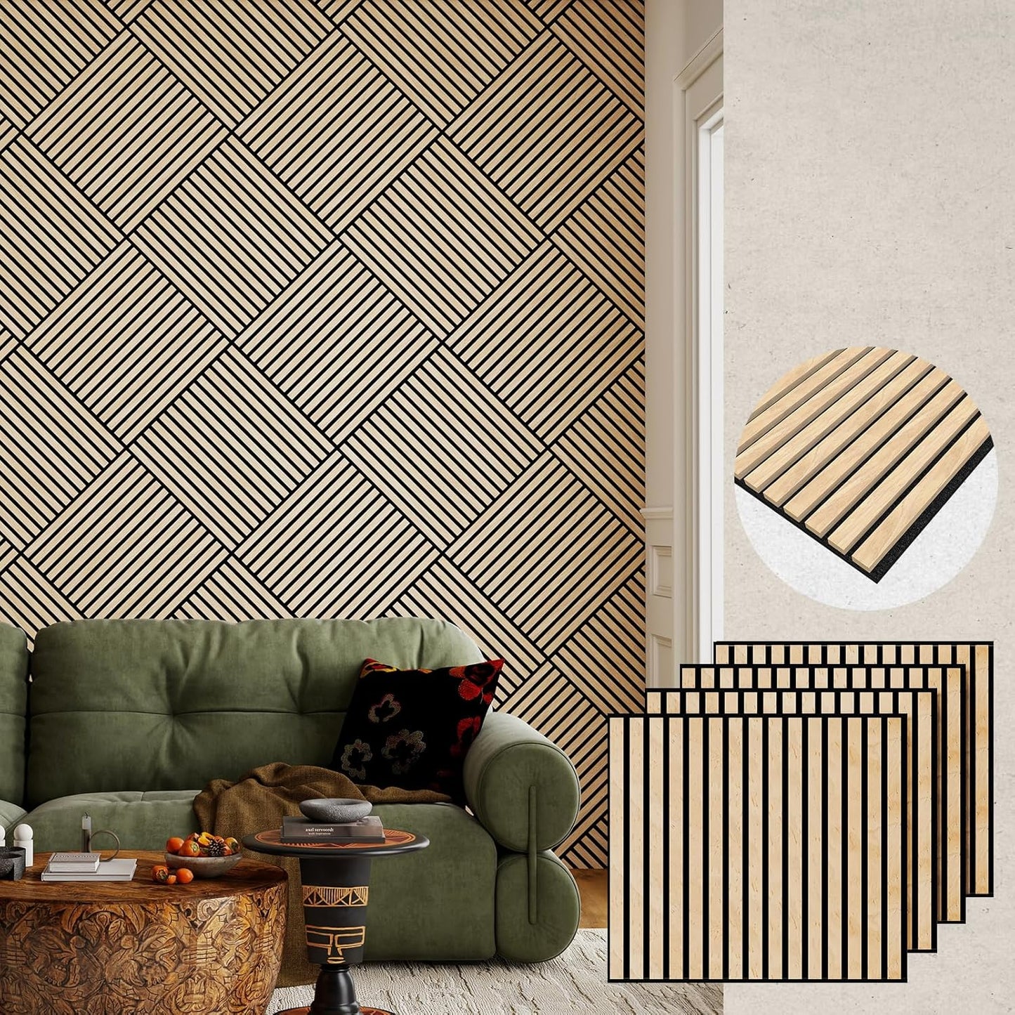 MISSDAY Wood Slat Acoustic Wall Panels, 4 Packs 23.6" x 23.6" Oak Soundproof Panel For Interior Wall Decor Noise Absorbing-3D Textured Wooden Panel Sound-Absorbing for Home, Office, Studio