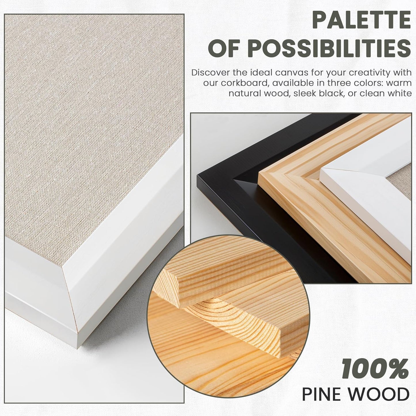 Bulletin Board Cork Board with Linen, 100% Wood Framed 24" x 36" Bulletin Board Decorations, Pin Boards for Walls, Wall Mounted Fabric Picture Board with 10 Pushpins for School, Home & Office, White