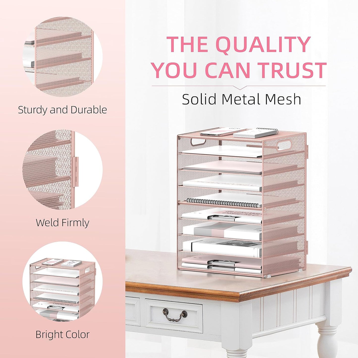 DALTACK 9-Tier Paper Letter Tray Desk Organizer with Handles, Mesh File Holder Organization, Paper Sorter Desk Organizer for Office Home School, Pink