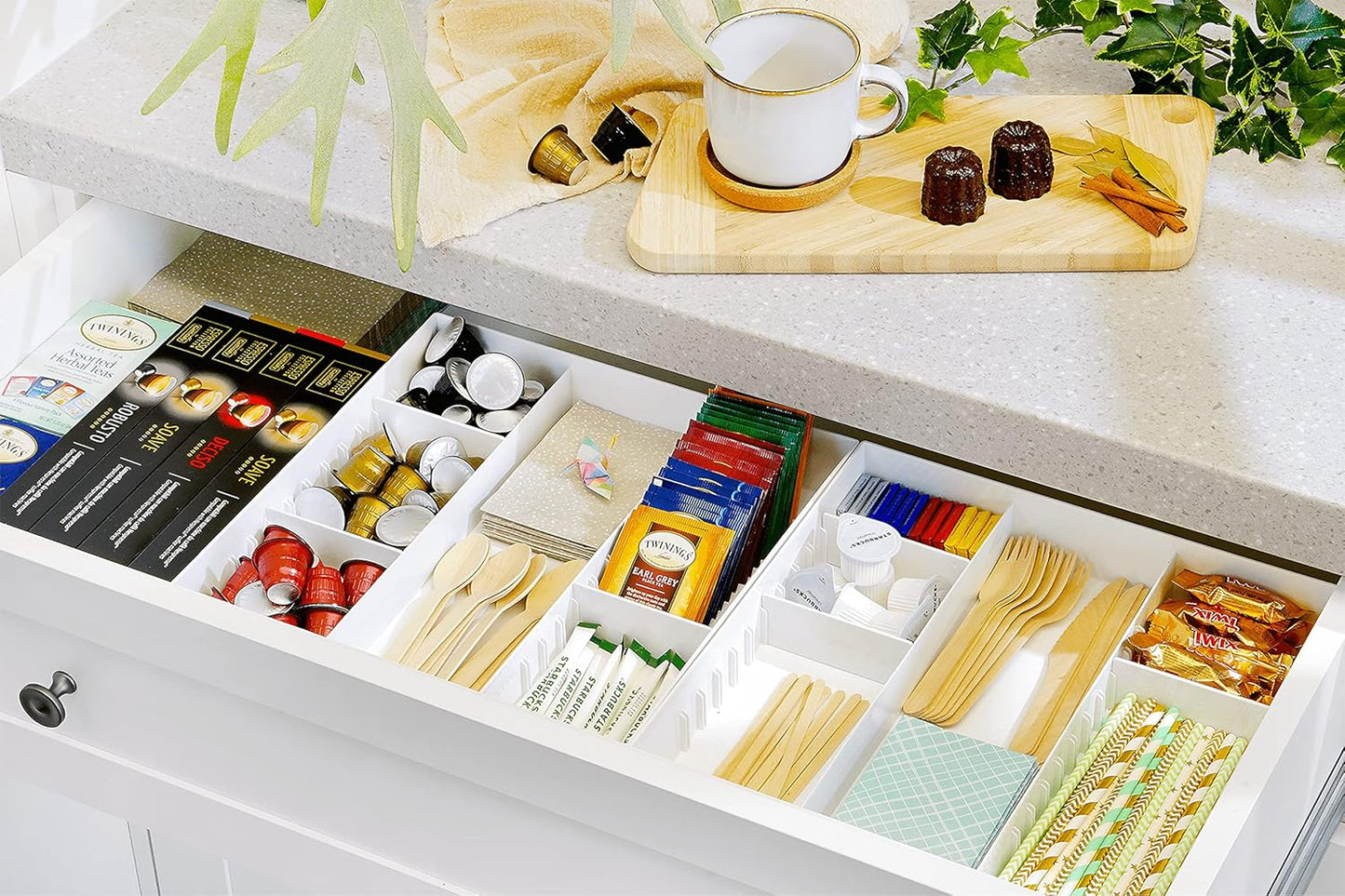 CAXXA 3 Slot Drawer Organizer with 4 Adjustable Dividers - 7 Compartments Junk Drawer Storage for Makeup & Vanity, Office Desk Supplies and Accessories,WHITE (2 pack)