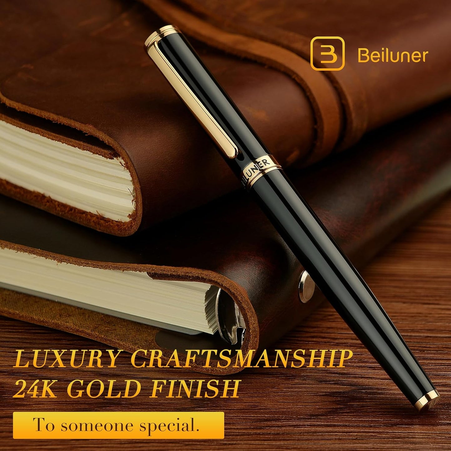 BEILUNER Black Fountain Pen,Stunning Luxury Piano Lacquer,24K Gilded Nib(Medium),Gorgeous 24K Gold Finish,Ink Converter, Gift for Men&Women-Elegant, Reliable, Office, Professional Pens for Writing