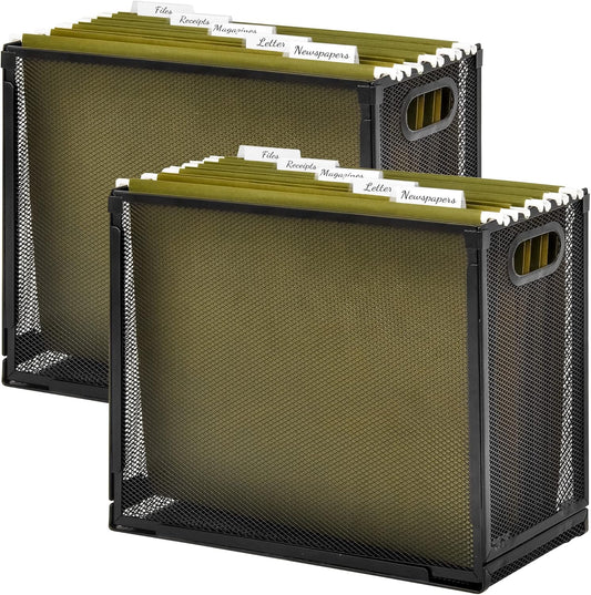 EASEPRES Desk Hanging File Organizer with 10 Folders, Mesh Metal Letter-Size Desktop File Holder Box for Filing Folder Storage Basket, 2 Pack Black, 12.2 x 9.45 x 5.45 inches