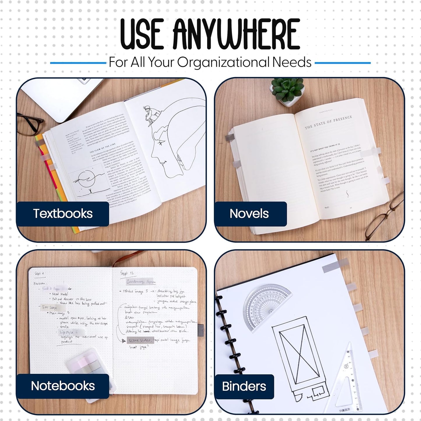 Essex Wares - 300 Pieces - Transparent Sticky Notes Tabs with Case - 5 Morandi Colors - 3 Cases - 1.8" x 0.4" - 60 Pieces Each Color - Pop Up Index Tabs - Book Flags for Annotating - Book Sticky Tabs