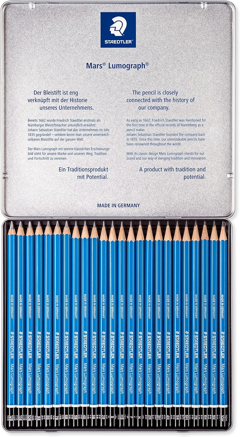 STAEDTLER Mars Lumograph Art Drawing Pencils, Graphite Pencils in Metal Case, Break-Resistant Bonded Lead, Grades 12B-10H, Set of 24