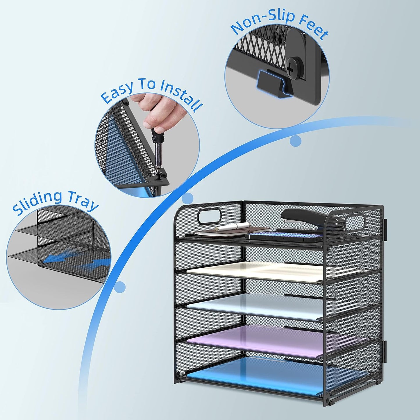 2 Pack 5-Tier Desk Organizer with Handle Mesh Desk File/Paper Organizer Letter Tray for Office, School and Home Easy Installation, Black