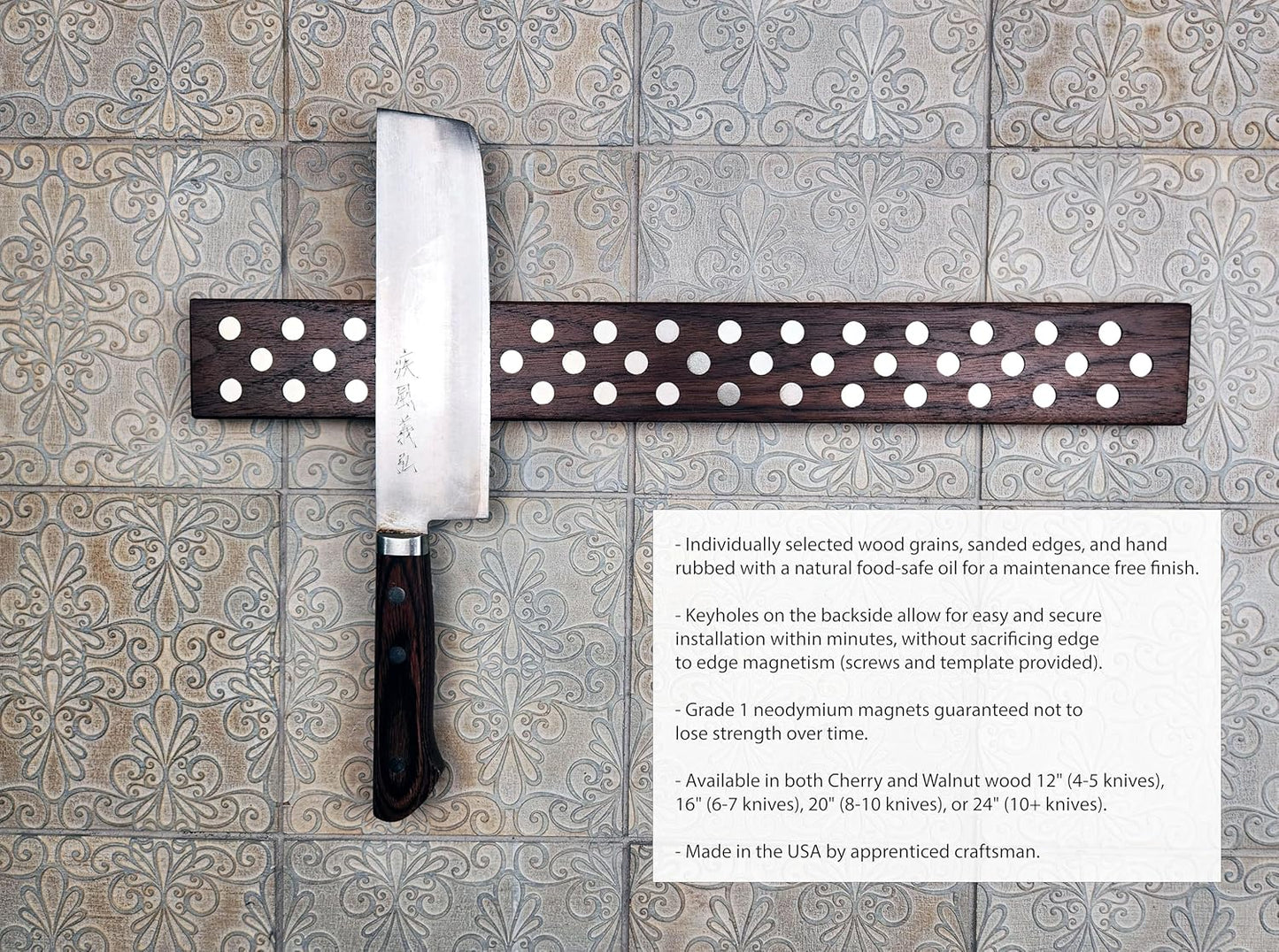 Magnetic Wooden Knife Bar Holder Strip, Cherry or Walnut, 12, 16, 20, or 24 Inch (20 Inch, Walnut)