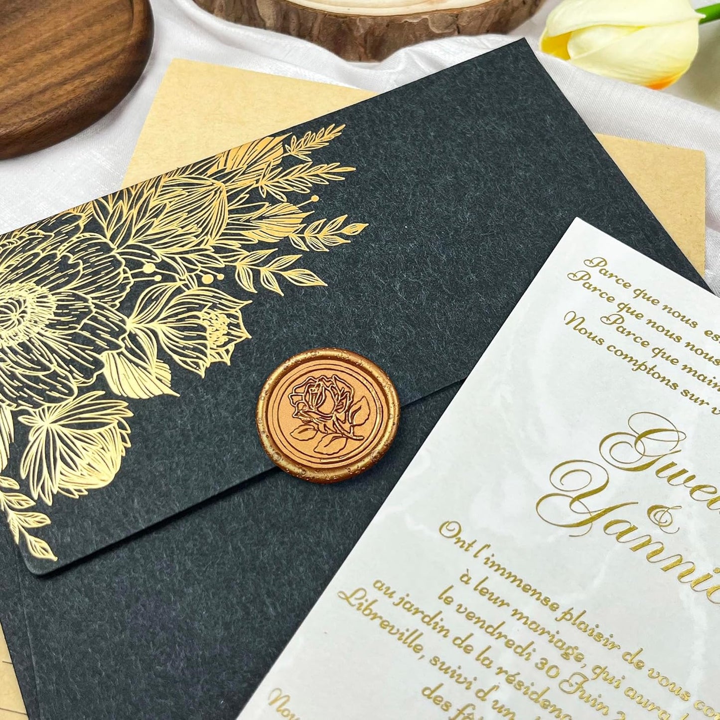 50Pcs Wax Seal Stickers Handmade Envelope Seals Self Adhesive Wax Stickers for Wedding Party Invitations, Envelope, Gift Wrap, Christmas(Rose Style, Antique Gold)