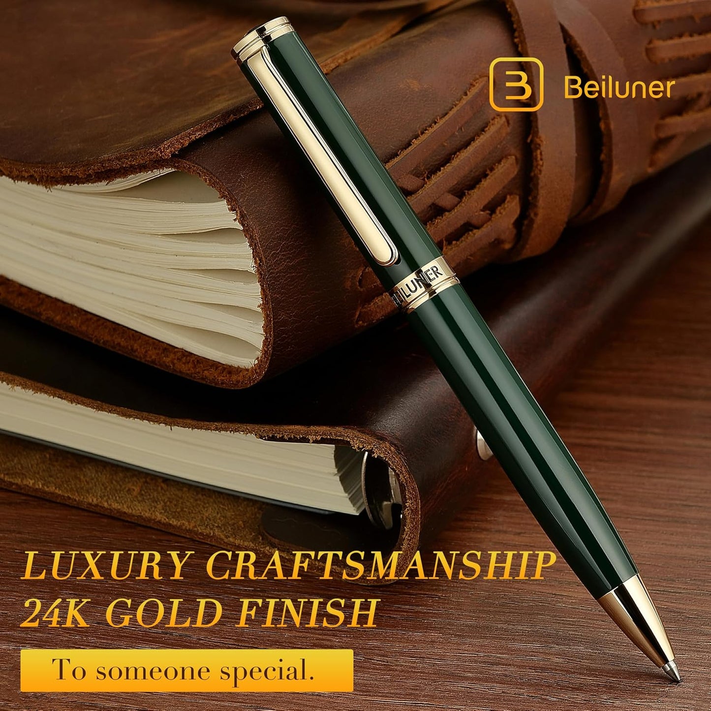BEILUNER Luxury Gel Pen with 24K Gold Finish, Green Piano Lacquer, Luxury Grade Craftsmanship, Fancy Pen Gift Set for Men and Women, Graduation Gift, Executive, Office, Retractable, Nice Pen Set