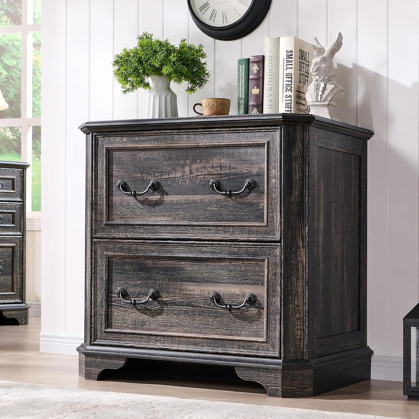 T4TREAM 2 Drawer File Cabinet-30 Wide Wooden Extended Desktop, Farmhouse Filing Cabinet with Smooth Rails, Holds Letter/Legal/A4, Hexagonal Design & Framed Drawer Fronts, Dark Rustic Oak