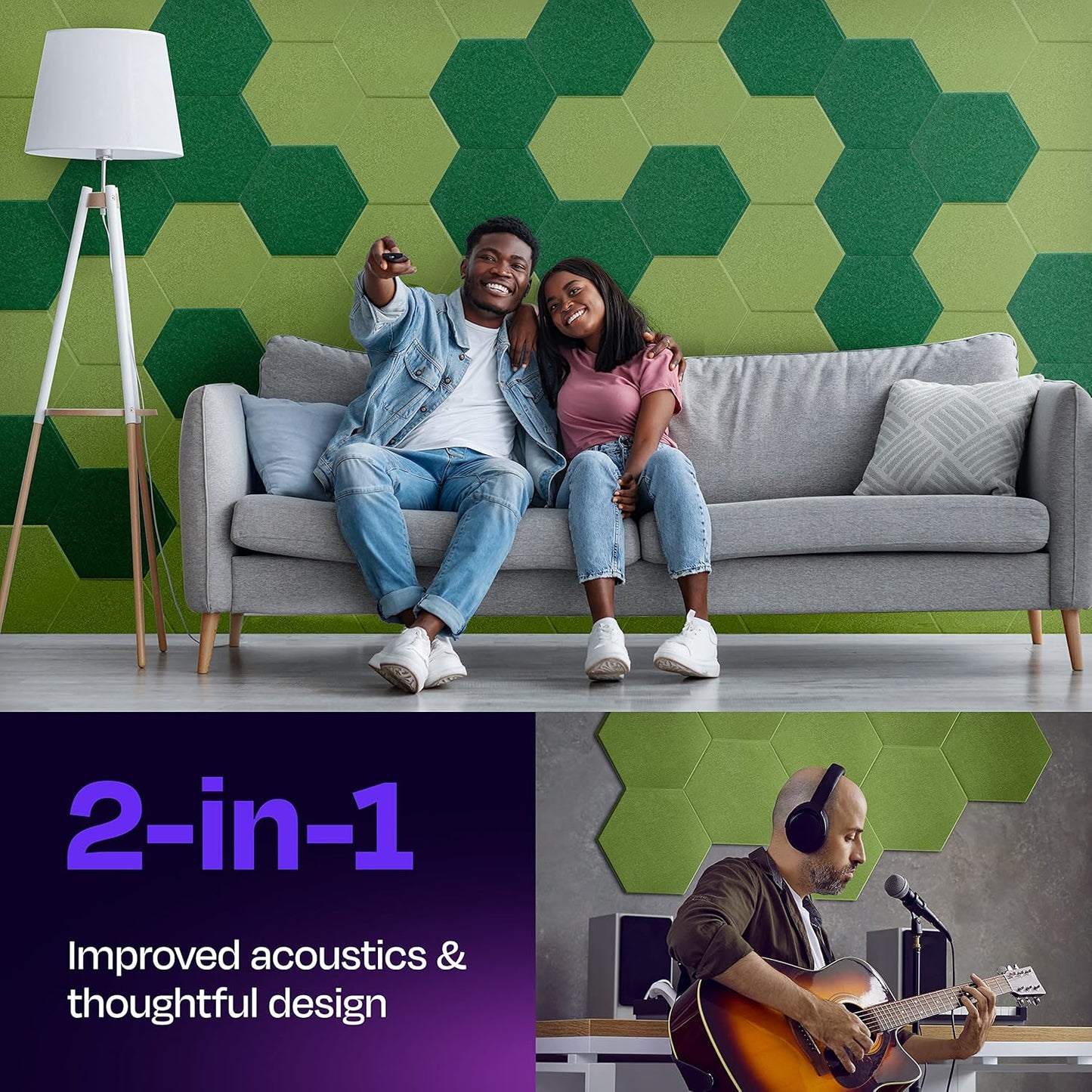 Acoustic Panels 12-Pack - 12"X10.4"X0.4" Soundproof Wall Panels - High Density Sound Dampening - Gin Green Hexagon