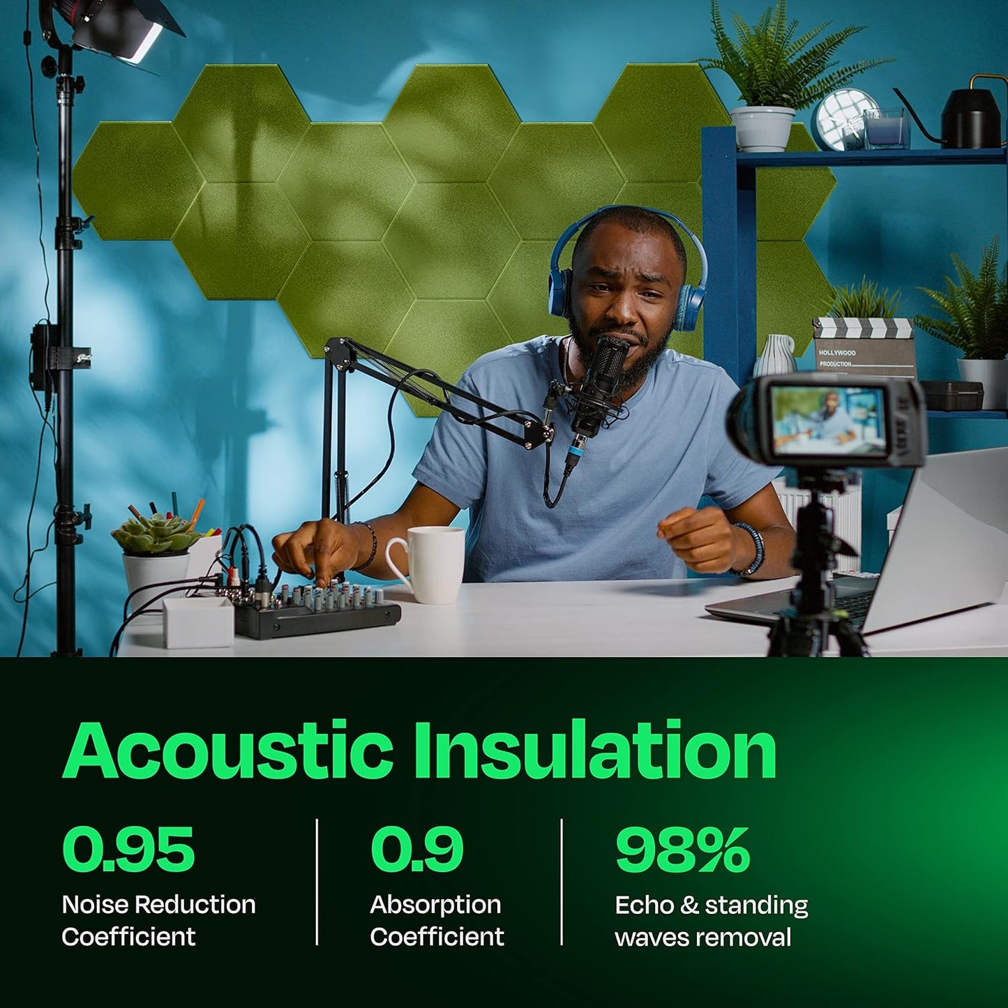 Acoustic Panels 12-Pack - 12"X10.4"X0.4" Soundproof Wall Panels - High Density Sound Dampening - Gin Green Hexagon