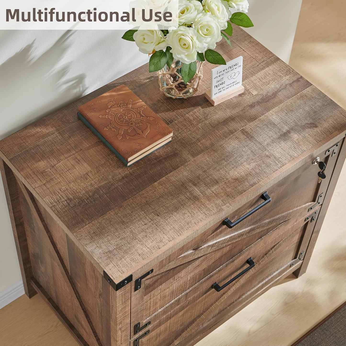 JXQTLINGMU 2 Drawer Farmhouse File Cabinet, Lateral Filing Cabinet with Lock for Home Office, Compatible Legal Letter A4 F4 Size, Warm Brown