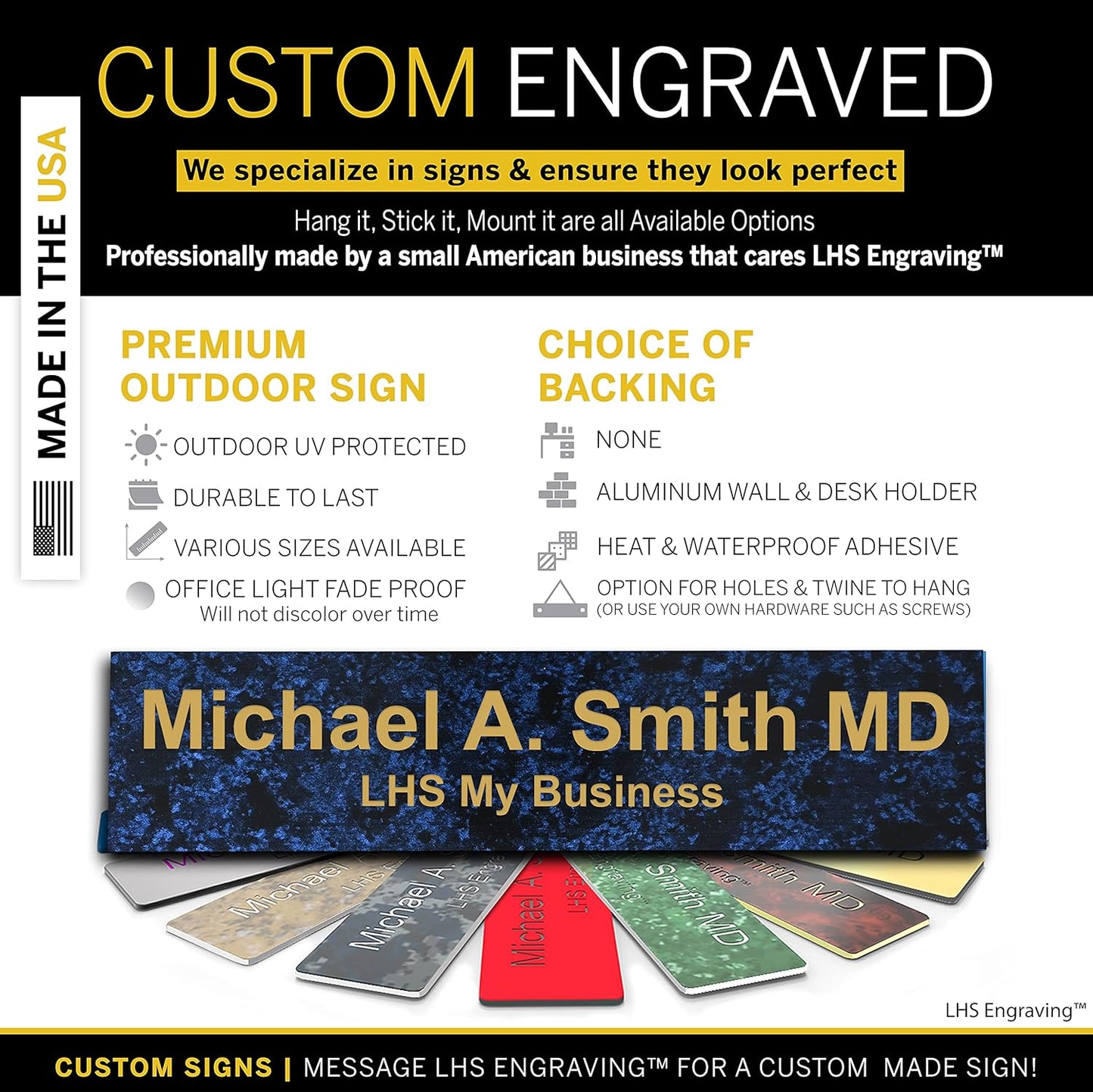 Engraved Custom Door Plate Celestial Blue Plastic Office Door Sign with Gold Letters - Made in USA 2x4 S1