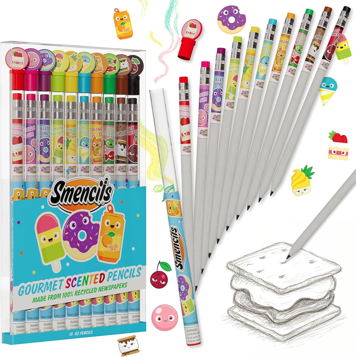 Smencils - Patented Gourmet Scented Graphite HB #2 Pencils Made from Recycled Newspapers, 10 Count, Gifts for Kids, School Supplies