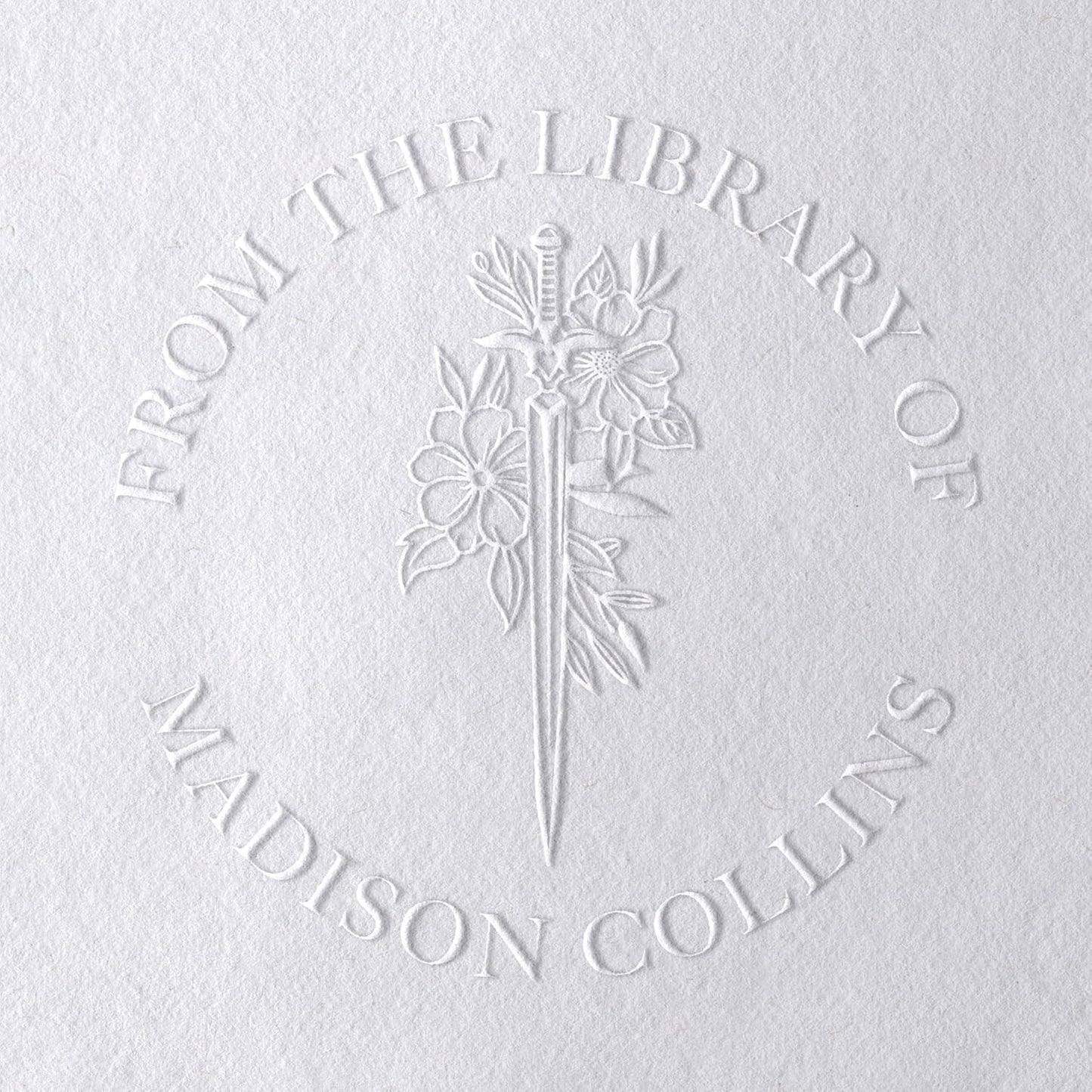 Personalized Book Embosser or Stamp Custom Round Library Embosser Teacher Library Book Stamp, Ex Libris Stamp, Gift for Book Lover | Wooden or Self Inking Stamp or Embosser (Floral Sword)