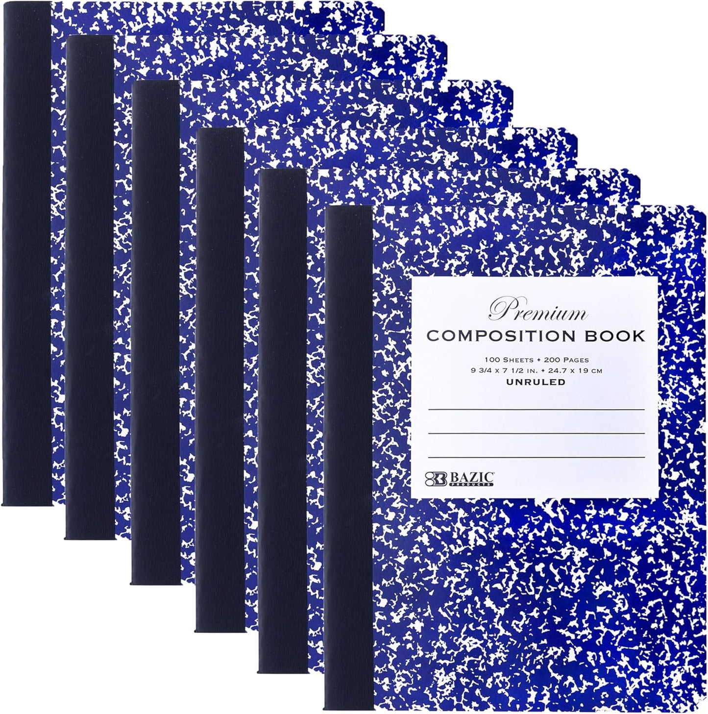 BAZIC Composition Book Blue Marble Unruled Ruled 100 Sheet Notebook, Blank Page Journal Comp Notebooks for School, 6-Pack