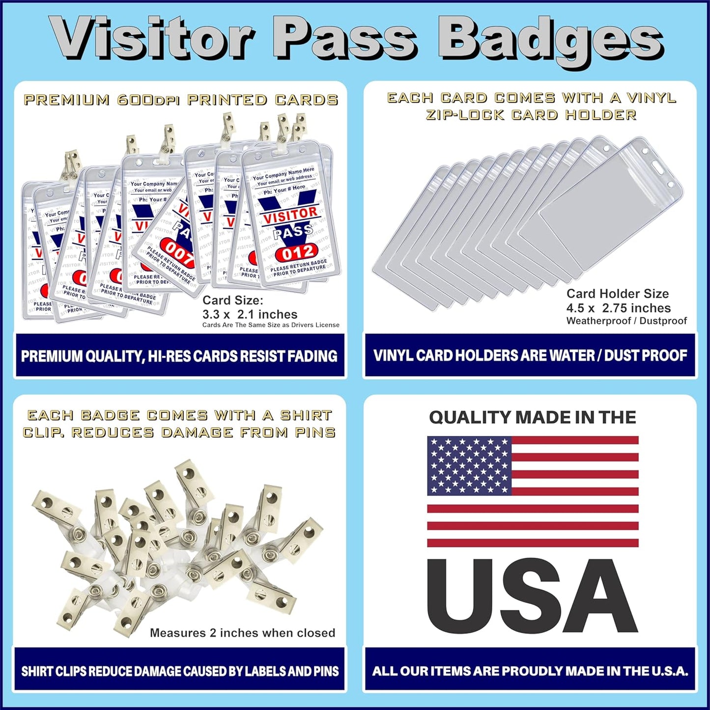Visitor Pass Badges - PVC Plastic (Custom Printed with Your Company INFO) Available in 12, 36, 60 and 108 Piece Sets. Made in The U.S.A.