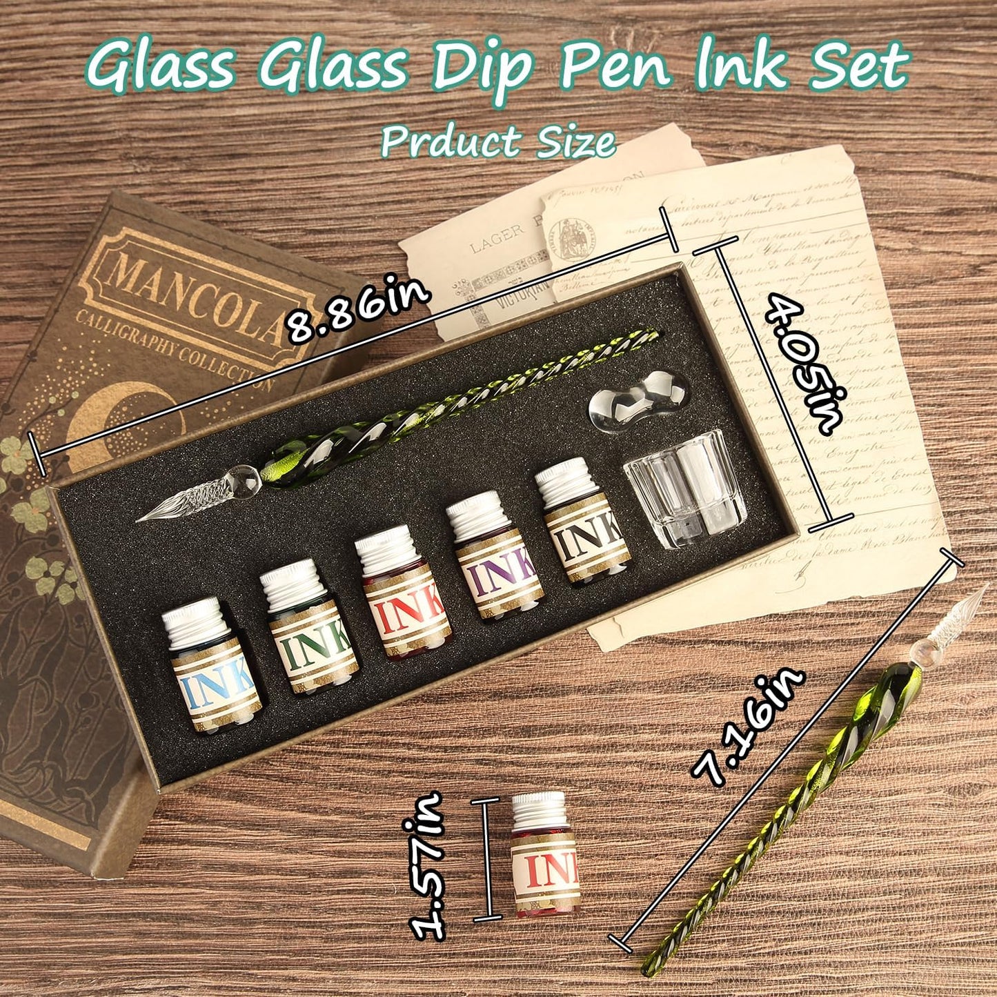 Glass Dipped Crystal Calligraphy Pen Set with 5 Colorful India Ink, 1 Pen Holder, 1 Cleaning Cup, Ink Drip Tool, Signatures, Drawing, Decoration Kits for Beginners