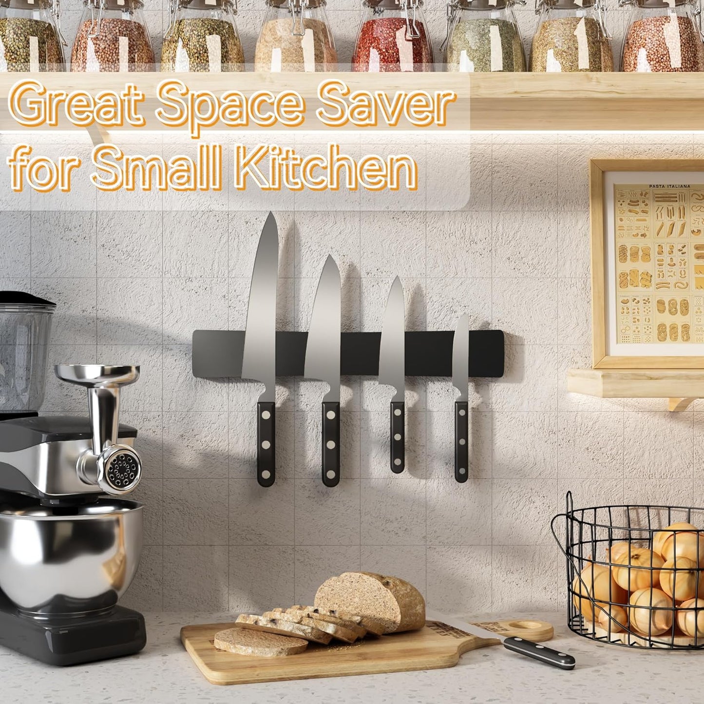 Magnetic Knife Holder for Wall, Acacia Wood Knife Magnetic Strip No Drill Knife Magnet Storage Bar Magnetic Tool Key Holder Strip for Kitchen Utensil Organizer (Black, 16 Inch)