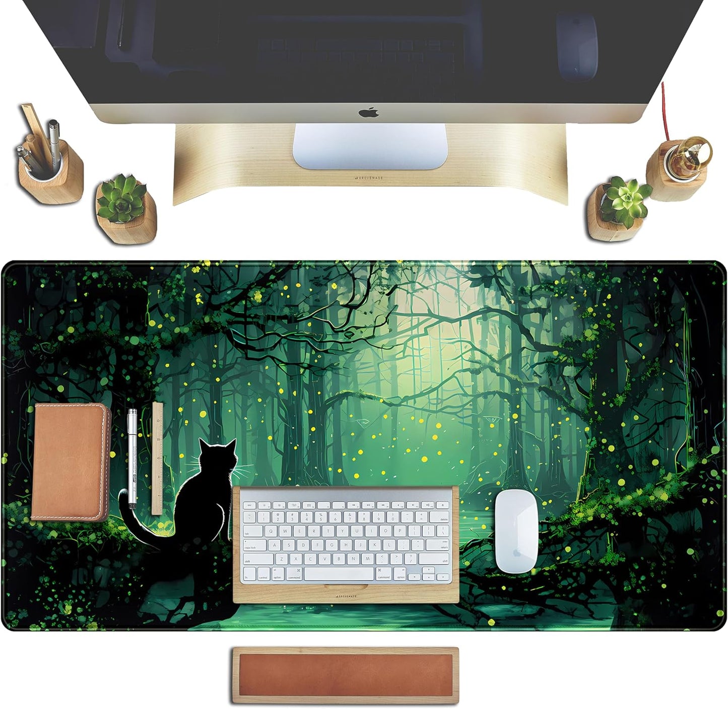 Kawaii Green Forest Desk Pad Mouse Pad Cute Black Cat Desk Mat, XXL Extended Anime Cats Large Gaming Mousepad, Computer Keyboard and Mouse Deskpad Decor Deskmat with Stitched Edges Mat 31.5x15.7 in