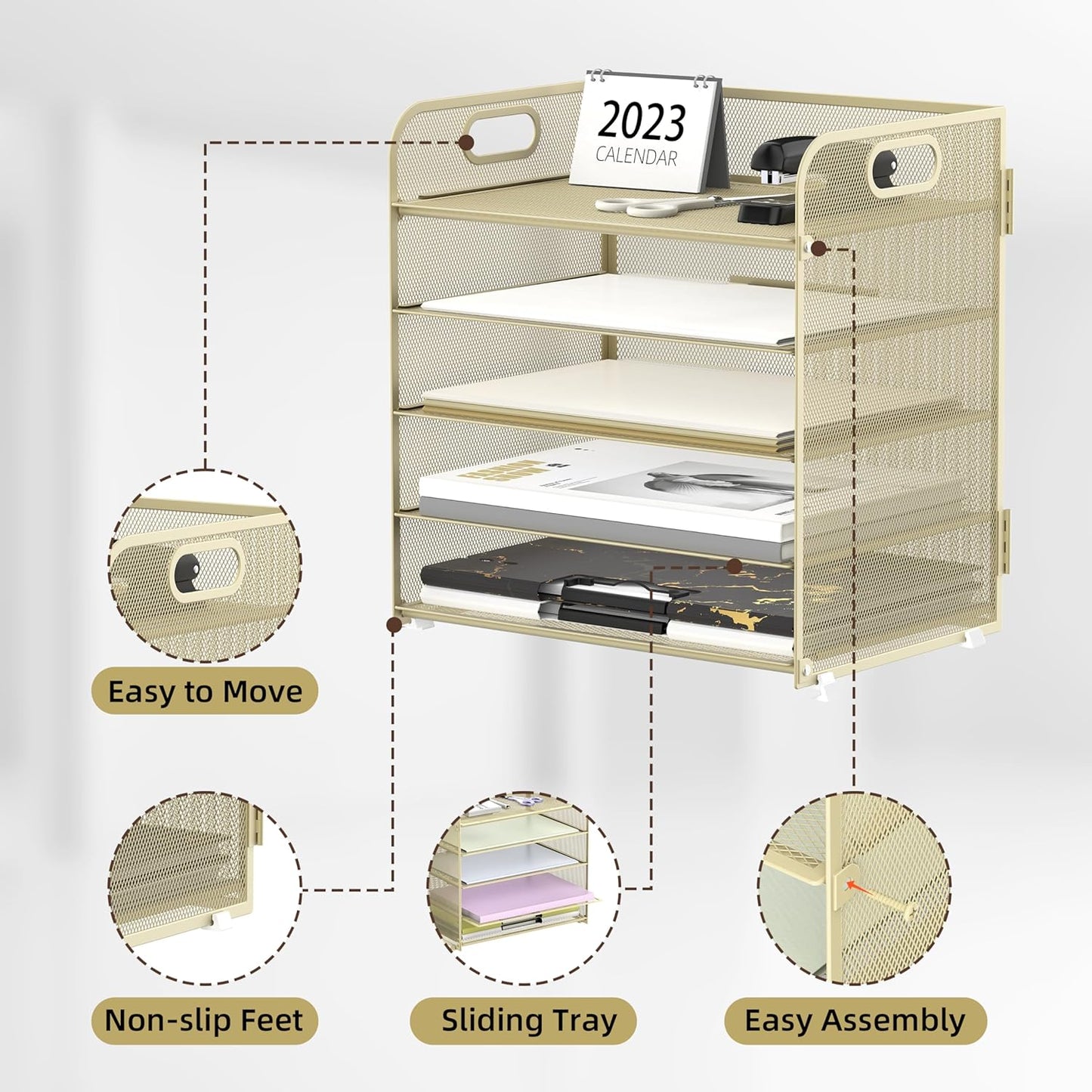 Supeasy 5 Trays Paper Organizer Letter Tray with Handle-Mesh Desk File Organizer,Pink Paper Sorter Desk Organizer for Office, Home or School (Gold Yellow)