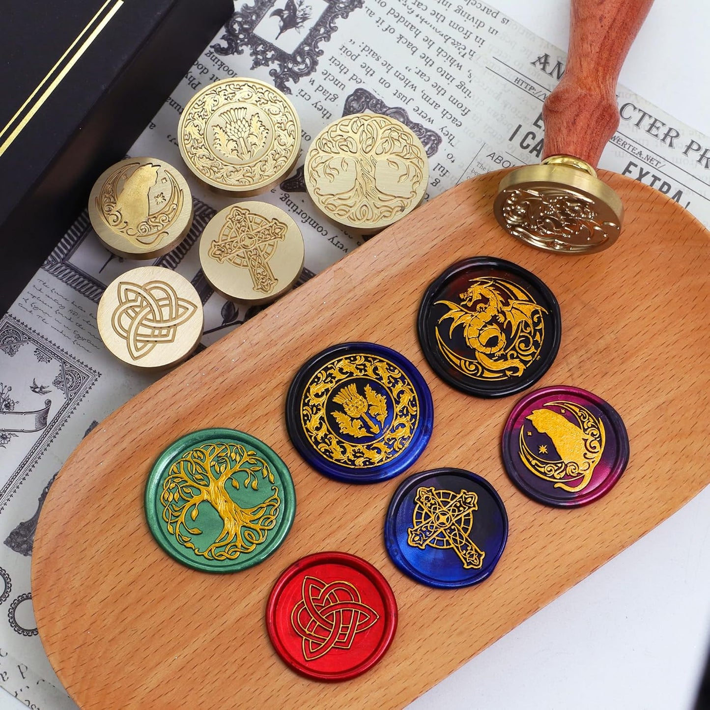SWANGSA Celtic Wax Seal Stamp Gift Box Set, Vintage 6 Sealing Heads + 1 Wooden Hilt, Wax Stamp Kit for Party Invitations, Envelopes, Cards and Gift Packaging
