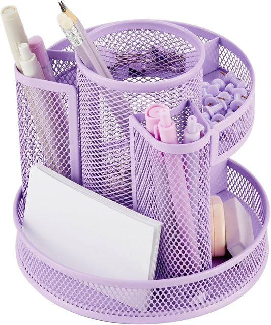 Annova Mesh Desk Organizer Rotate with 5 Compartments Round Spinning Tidy Candy/Pen Holder Desk Accessories Office, Art Supply, Storage, Classroom, Home (Light Purple)