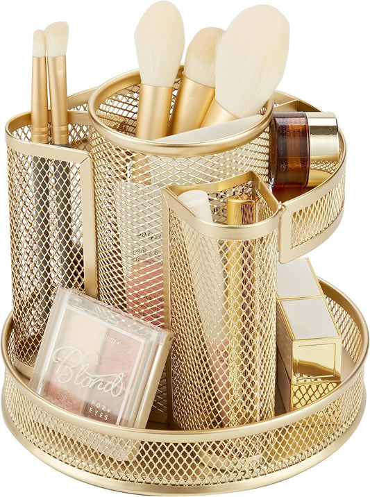 Annova Mesh Desk Organizer Rotate with 5 Compartments Round Spinning Tidy Candy/Pen Holder Desk Accessories Office, Art Supply, Storage, Classroom, Home (Gold)