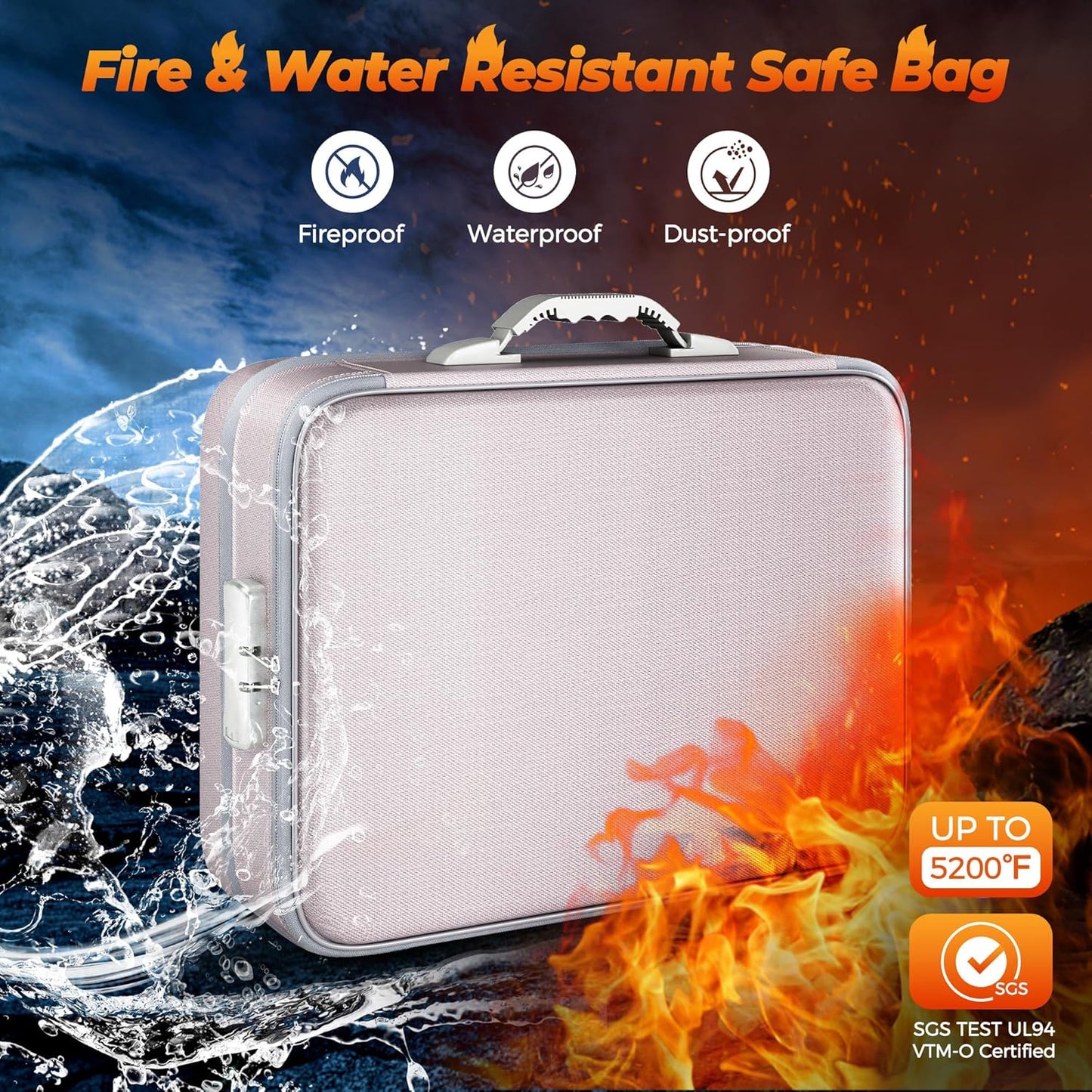 Nacial 5200℉ Fireproof Document Box with Lock, Expandable Document Organizer, Heat Insulated Fireproof Waterproof Box for File Storage, ﻿Portable Sturdy Handle for Important Documents Home Travel