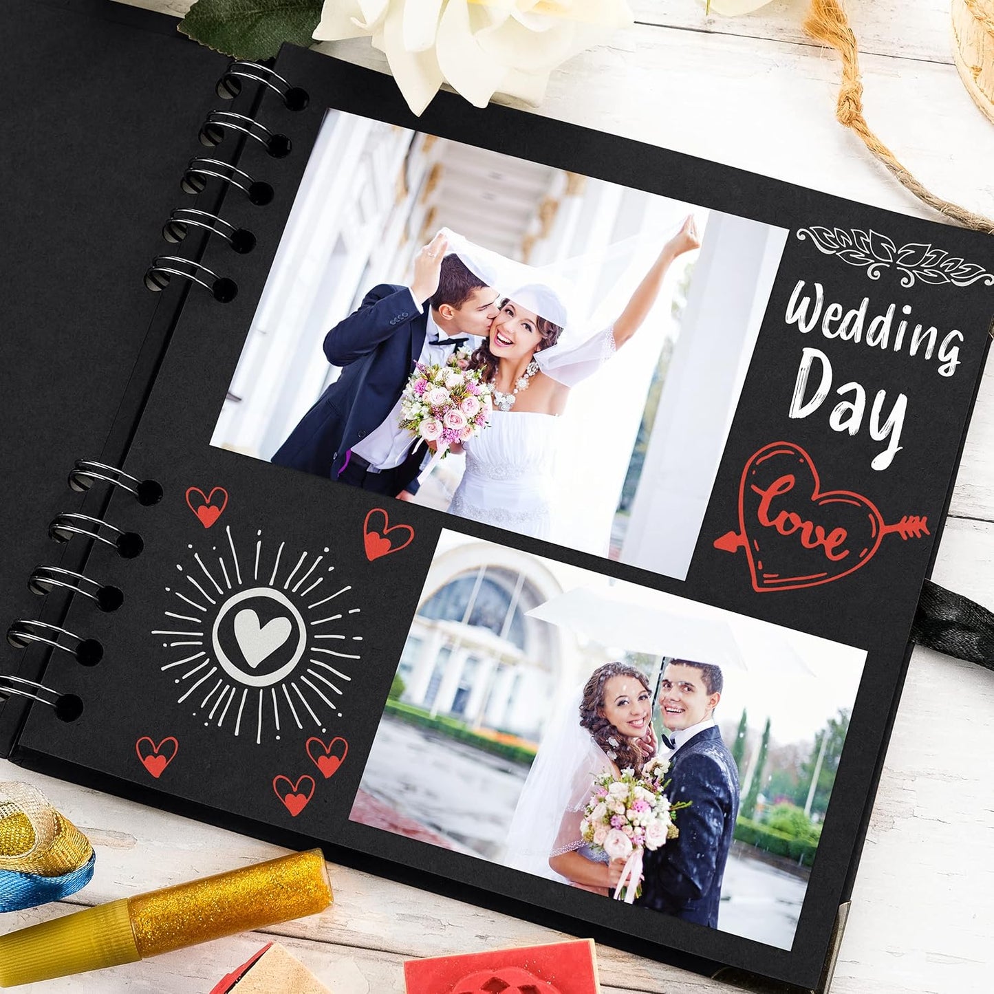 Bstorify Square Scrapbook Photo Albums 36 Pages (7 x 7 inch) Black Thick 250gsm Kraft Paper Scrap Book, Memory Book, Ribbon Closure - Ideal for Your Scrapbooking Albums, Art & Craft Projects