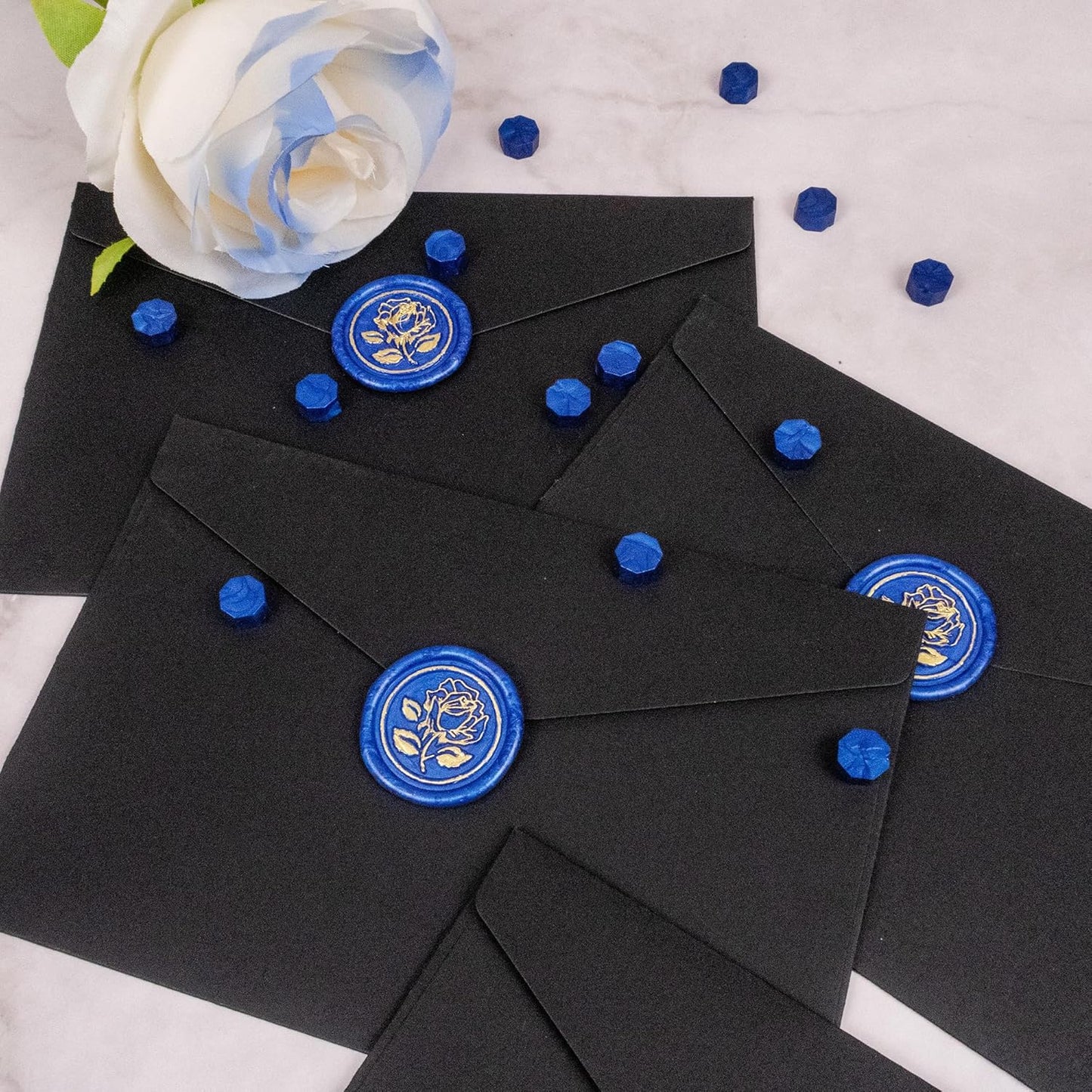 25pcs Gold & Blue Handmade Envelope Seals Self-Adhesive Wax Stickers for Wedding Party Invitations, Envelope, Gift Wrap, Christmas (Gold Rose Style, Blue)
