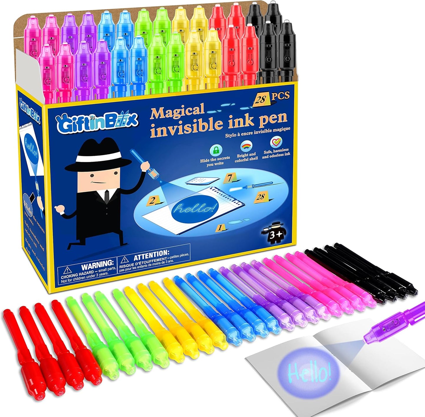 GIFTINBOX Invisible Ink Pen, 28PCS Spy Pen with UV Light for Kids, Birthday Party Favors for Kids 4-8 8-12, Classroom Prize for Students Magic Marker for Secret Message