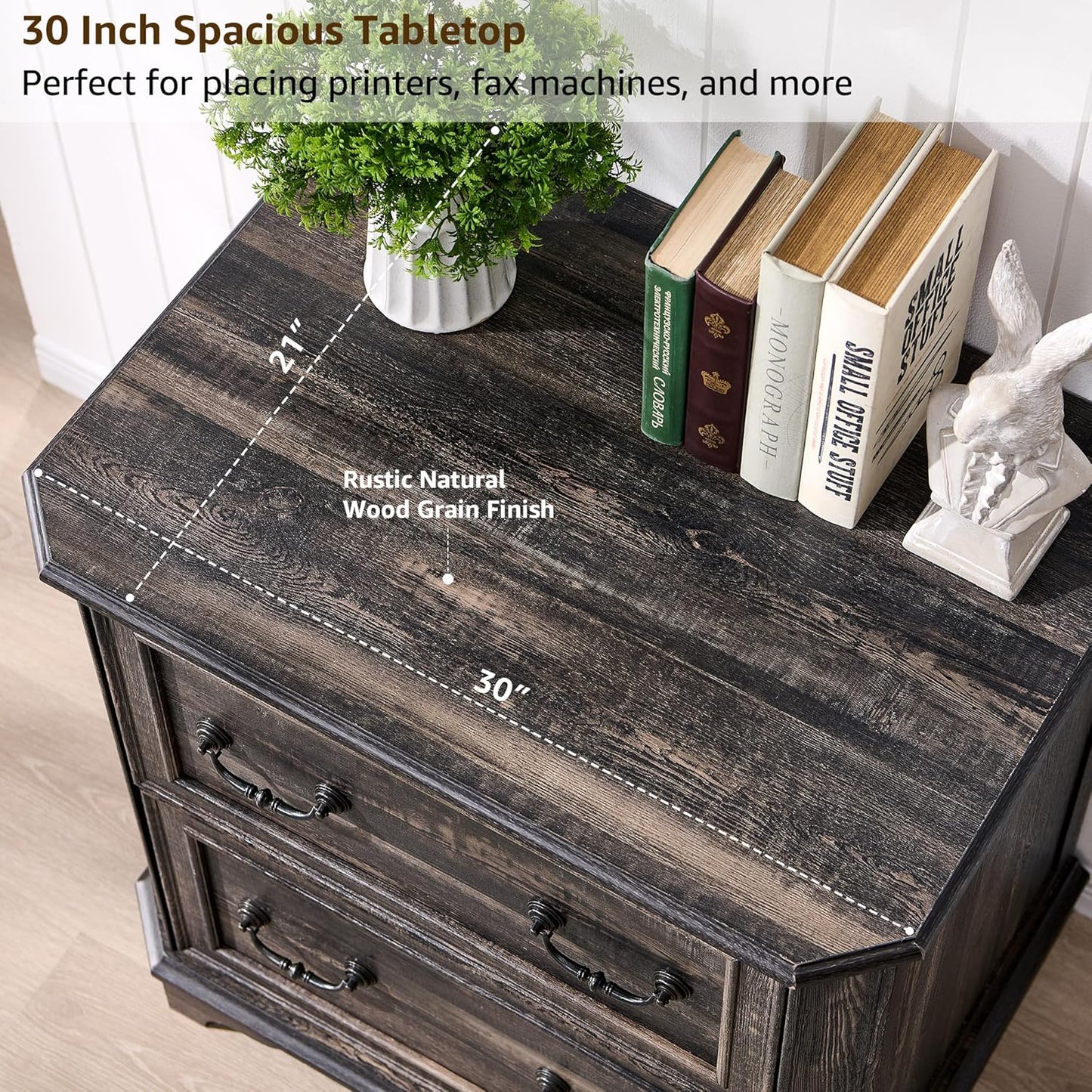 T4TREAM 2 Drawer File Cabinet-30 Wide Wooden Extended Desktop, Farmhouse Filing Cabinet with Smooth Rails, Holds Letter/Legal/A4, Hexagonal Design & Framed Drawer Fronts, Dark Rustic Oak