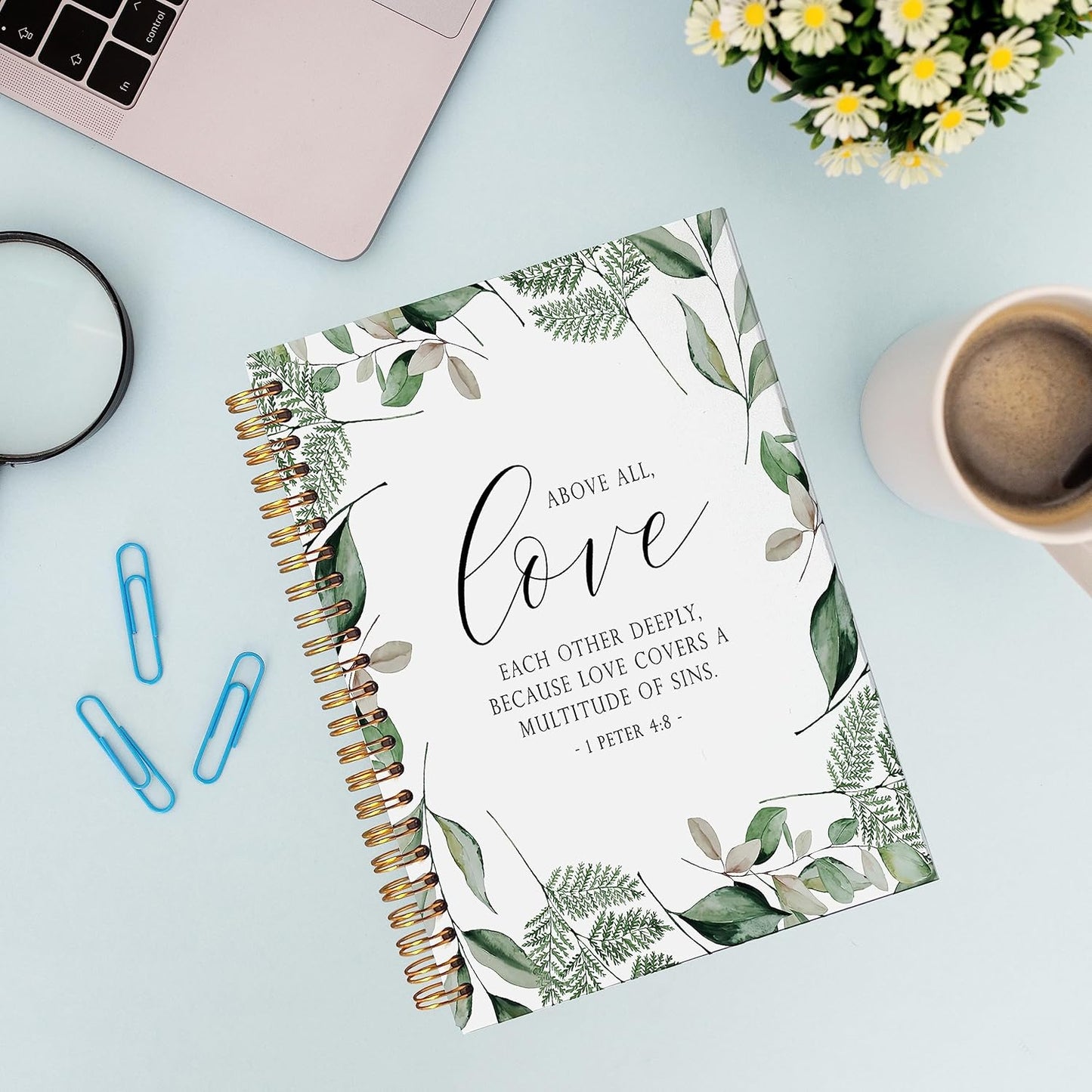 VNWEK Bible Scripture 1 Peter 4:8 Above All Love Each Other Deeply Greenery Spiral Notebook Journal 5.5 x 8.3 inches,Christian Lined Hardcover Spiral Notebook,Christian Gifts for Women Men Faith Teens