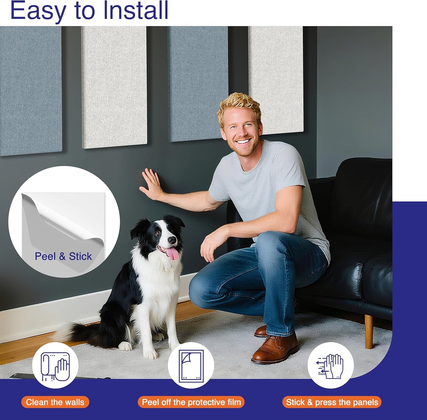 4PCS Acoustic Panels, 24"x12" Fabric Acoustic Panels for Walls, Self-Adhesive Sound Absorbing Panels for Home, Office, Studios (Slate Navy & Chalk White)