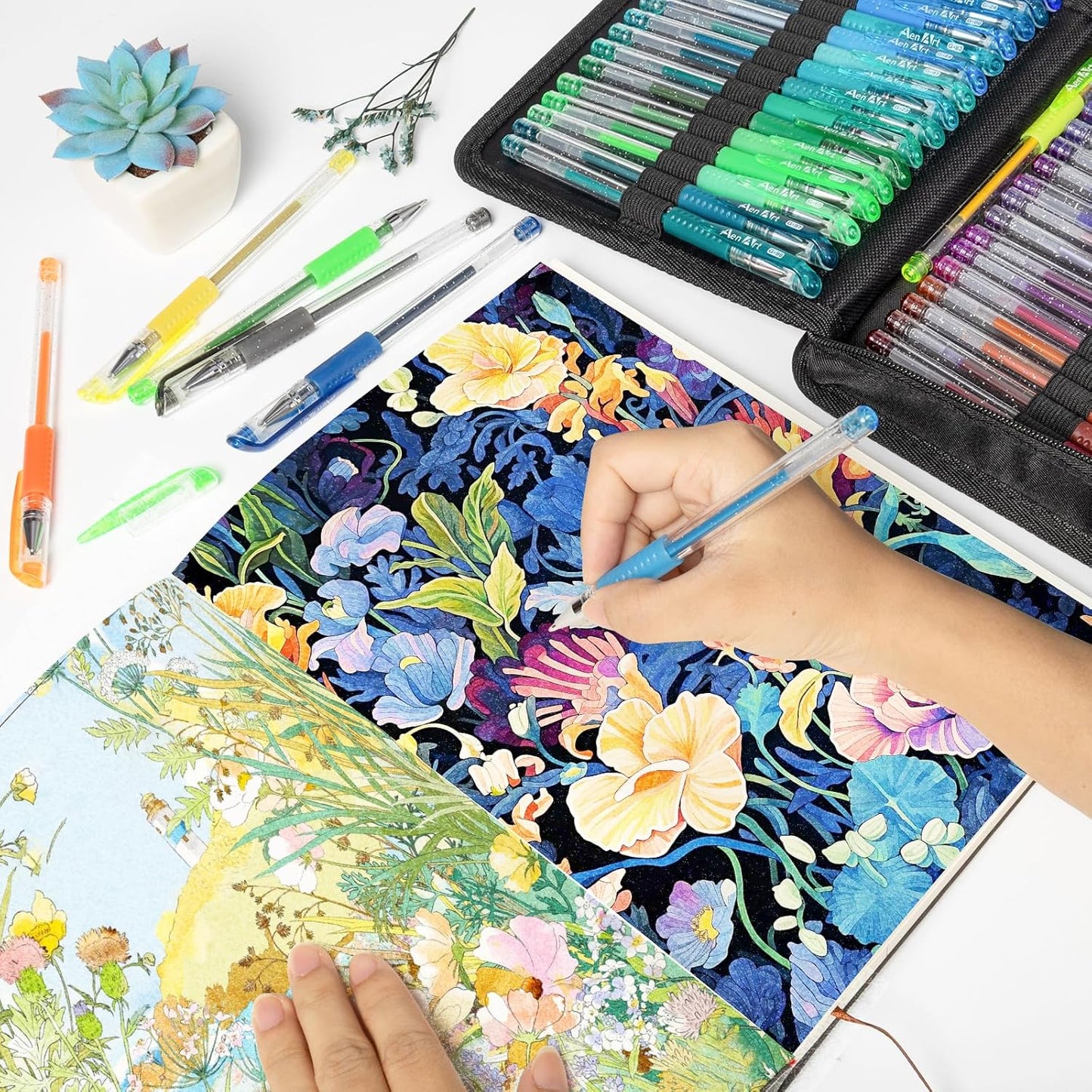 Glitter Gel Pens with Case for Adult Coloring Books, 100 Color Glitter Pen Set 30% More Ink Neon Glitter Gel Marker for Journaling Crafting Doodling Drawing